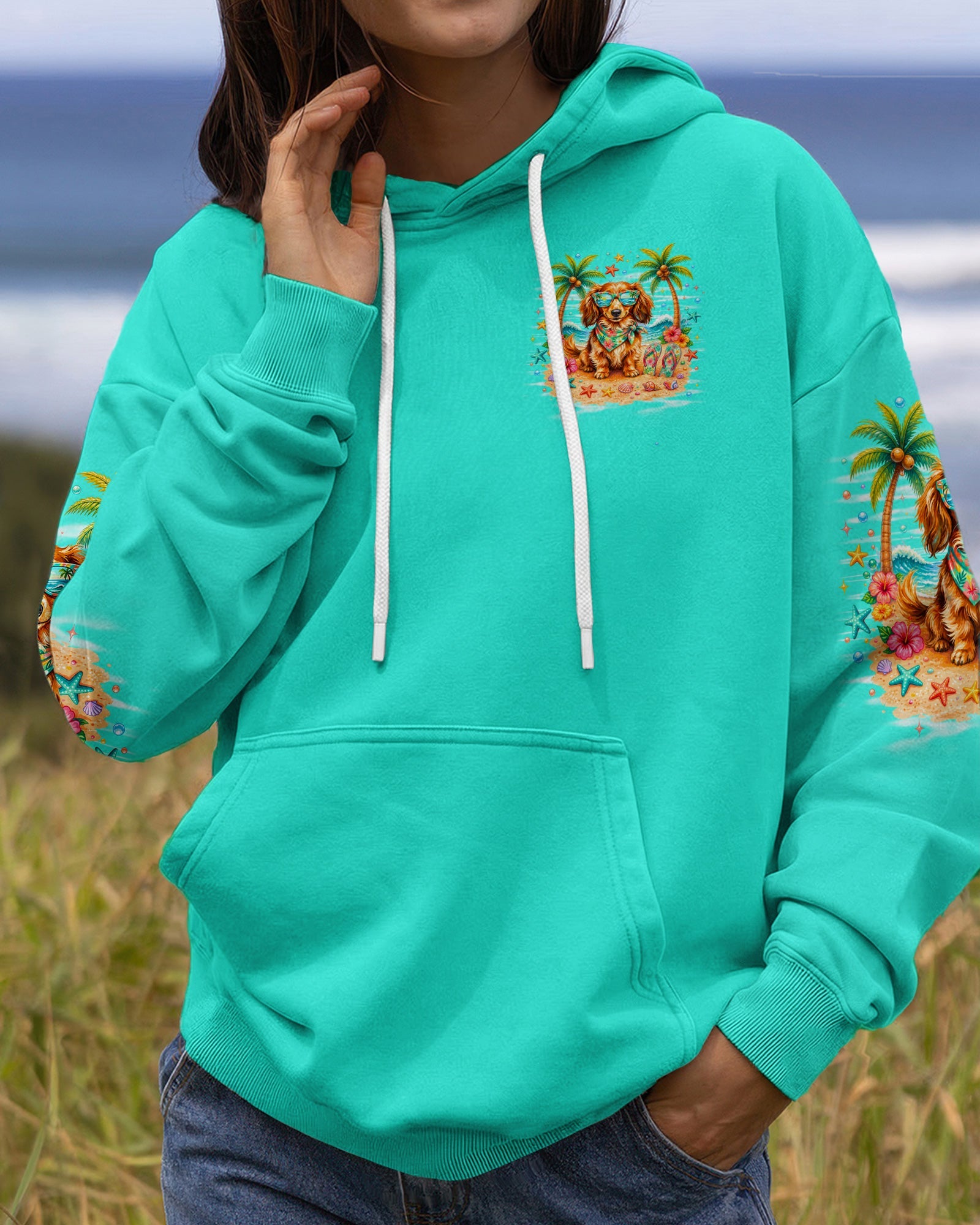 SANDY PAWS AND SALTY KISSES LONG-HAIRED DACHSHUND DOG ALL OVER PRINT  - TLNO0206261