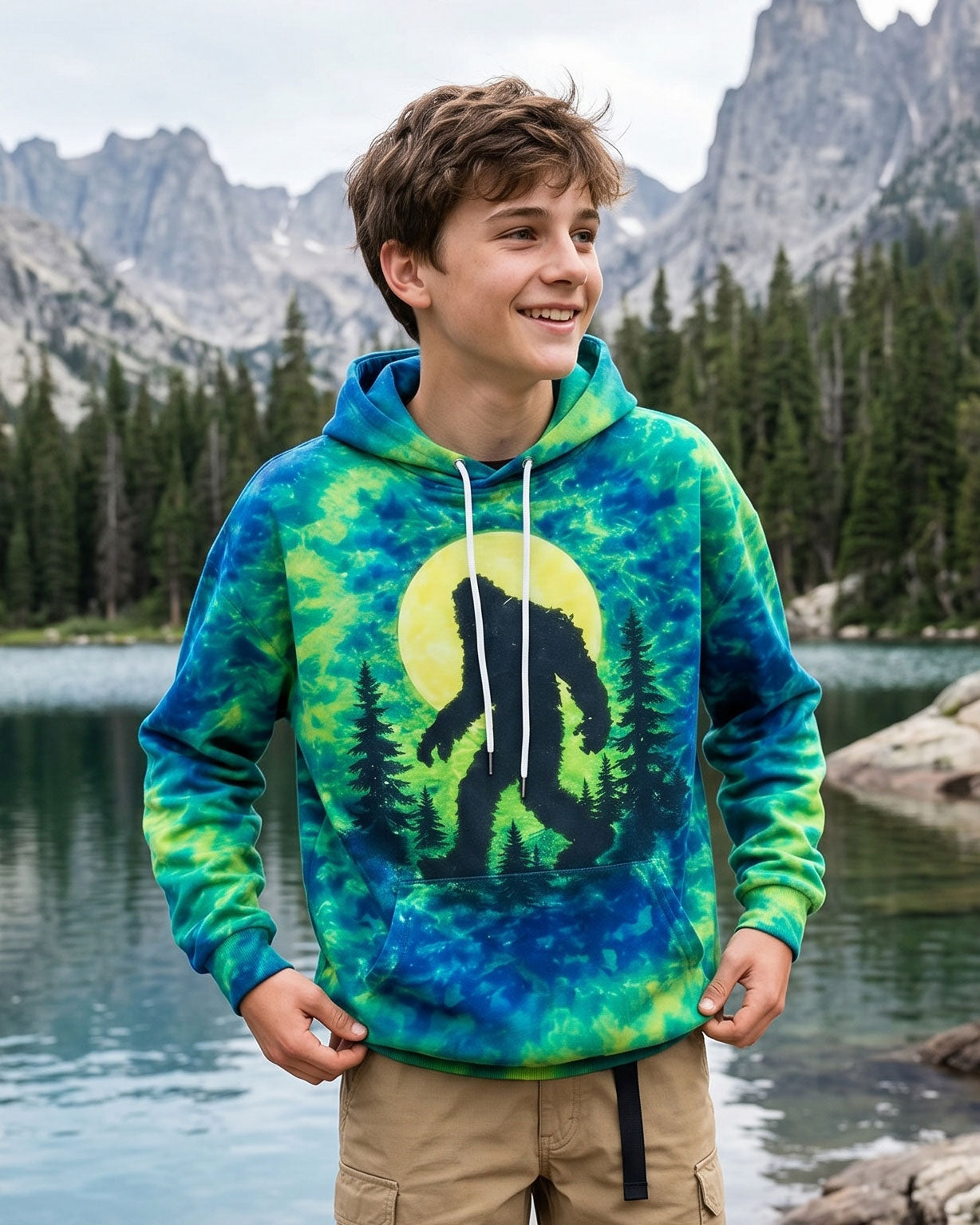 BIGFOOT IN THE FOREST GREEN BLUE SWIRL KIDS ALL OVER PRINT  - TLNO0906261
