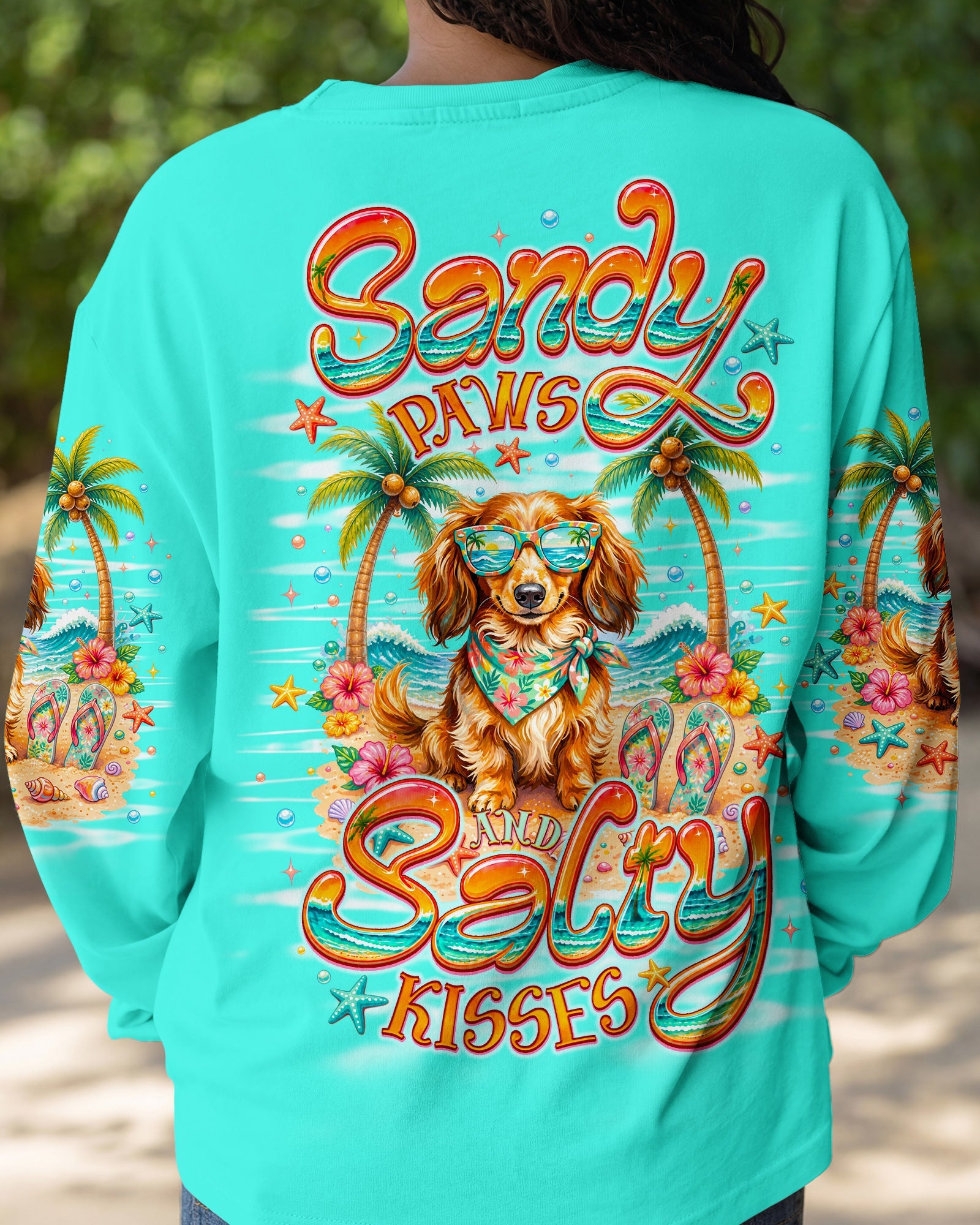 SANDY PAWS AND SALTY KISSES LONG-HAIRED DACHSHUND DOG ALL OVER PRINT  - TLNO0206261