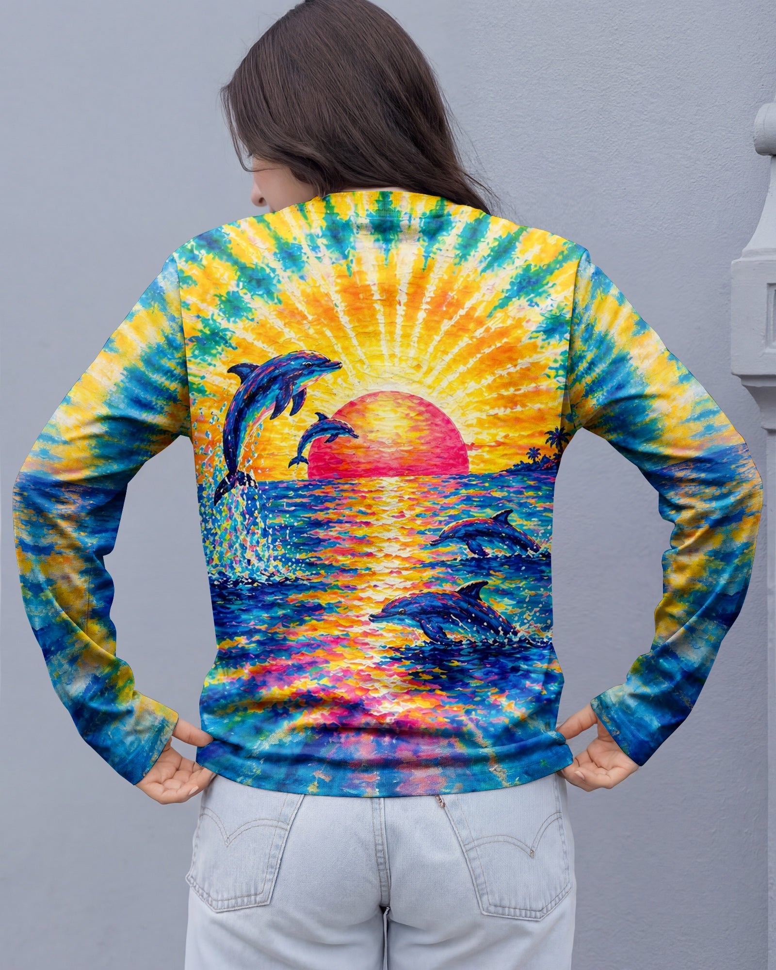 DOLPHINS JUMPING  SUNSET WATERCOLOR PATTERN ALL OVER PRINT - TLTW0505262