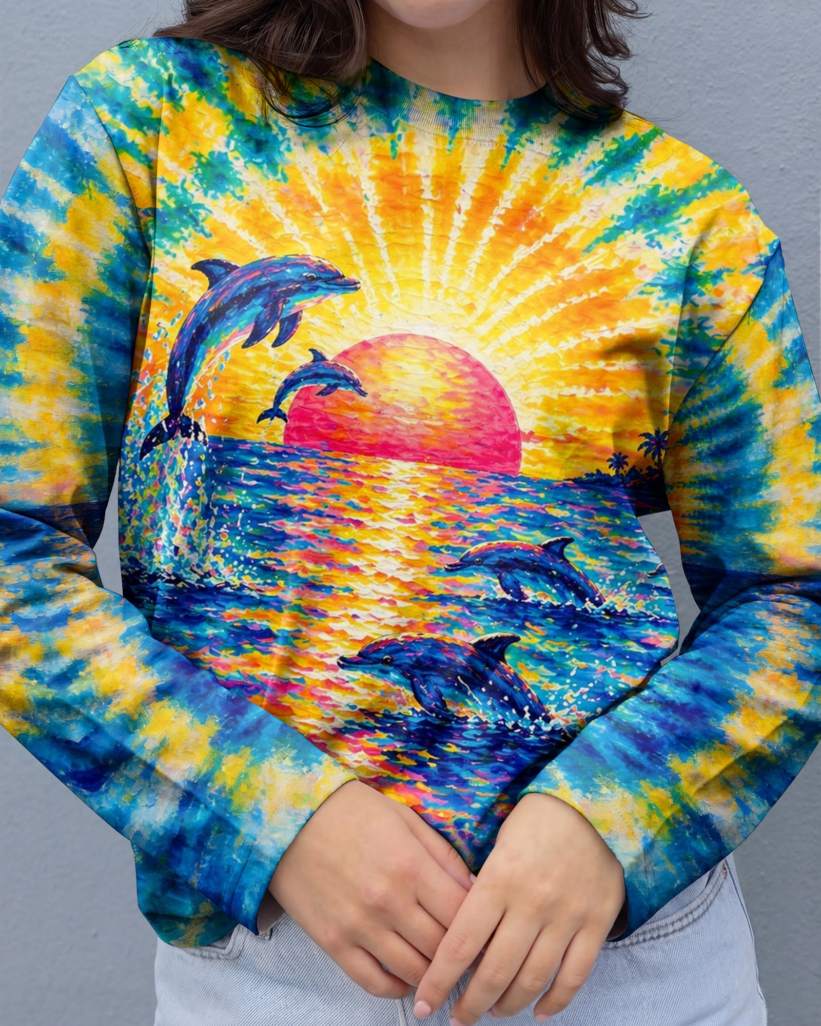 DOLPHINS JUMPING  SUNSET WATERCOLOR PATTERN ALL OVER PRINT - TLTW0505262