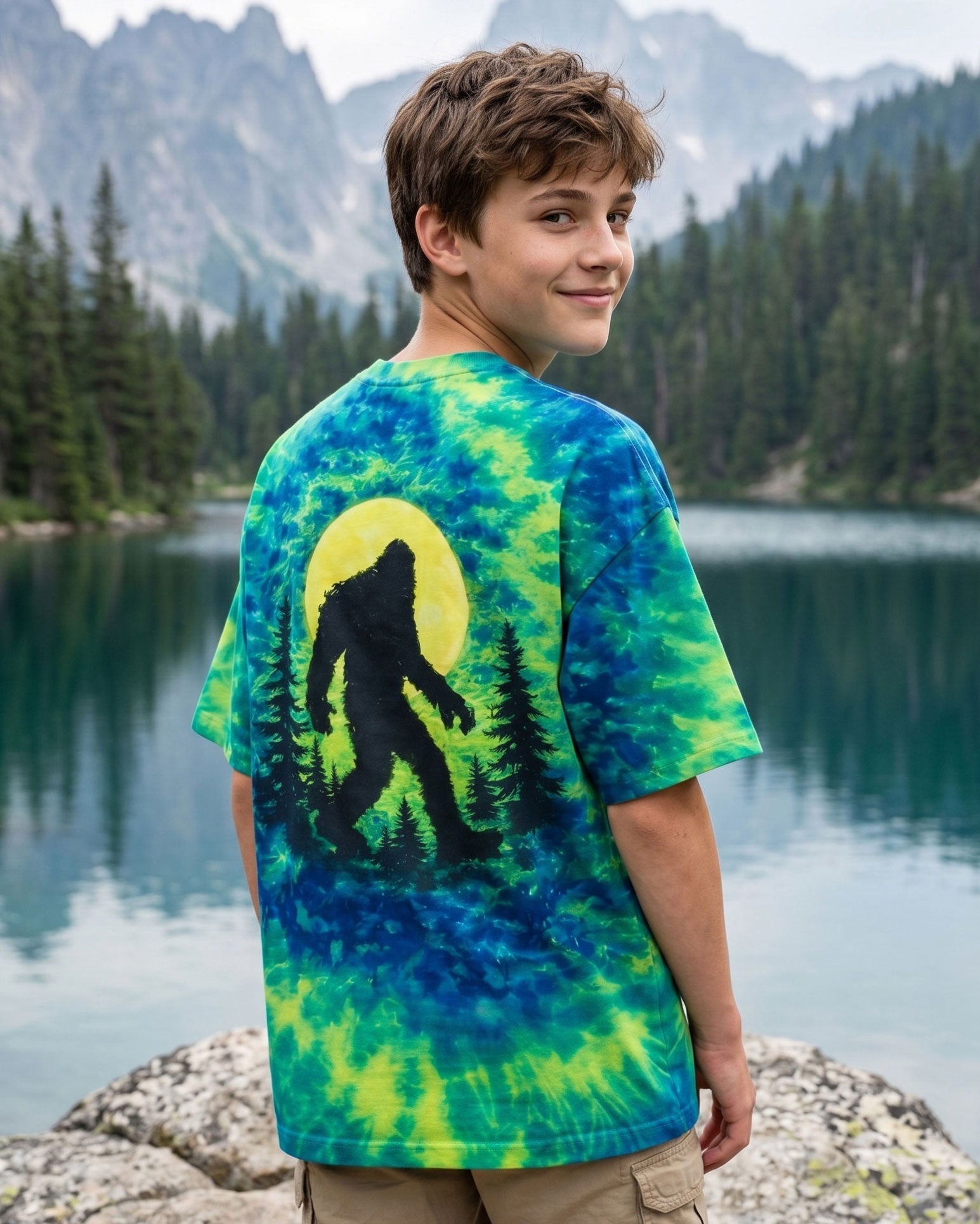 BIGFOOT IN THE FOREST GREEN BLUE SWIRL KIDS ALL OVER PRINT  - TLNO0906261