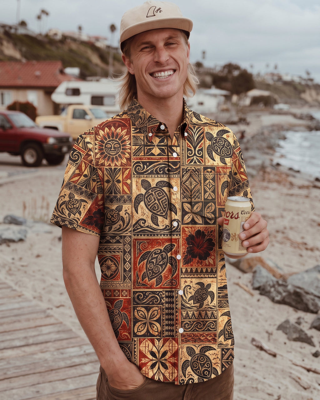 TRIBAL ISLAND TURTLE PATCHWORK BUTTON-DOWN COLLAR SHIRT - TLHG3006263