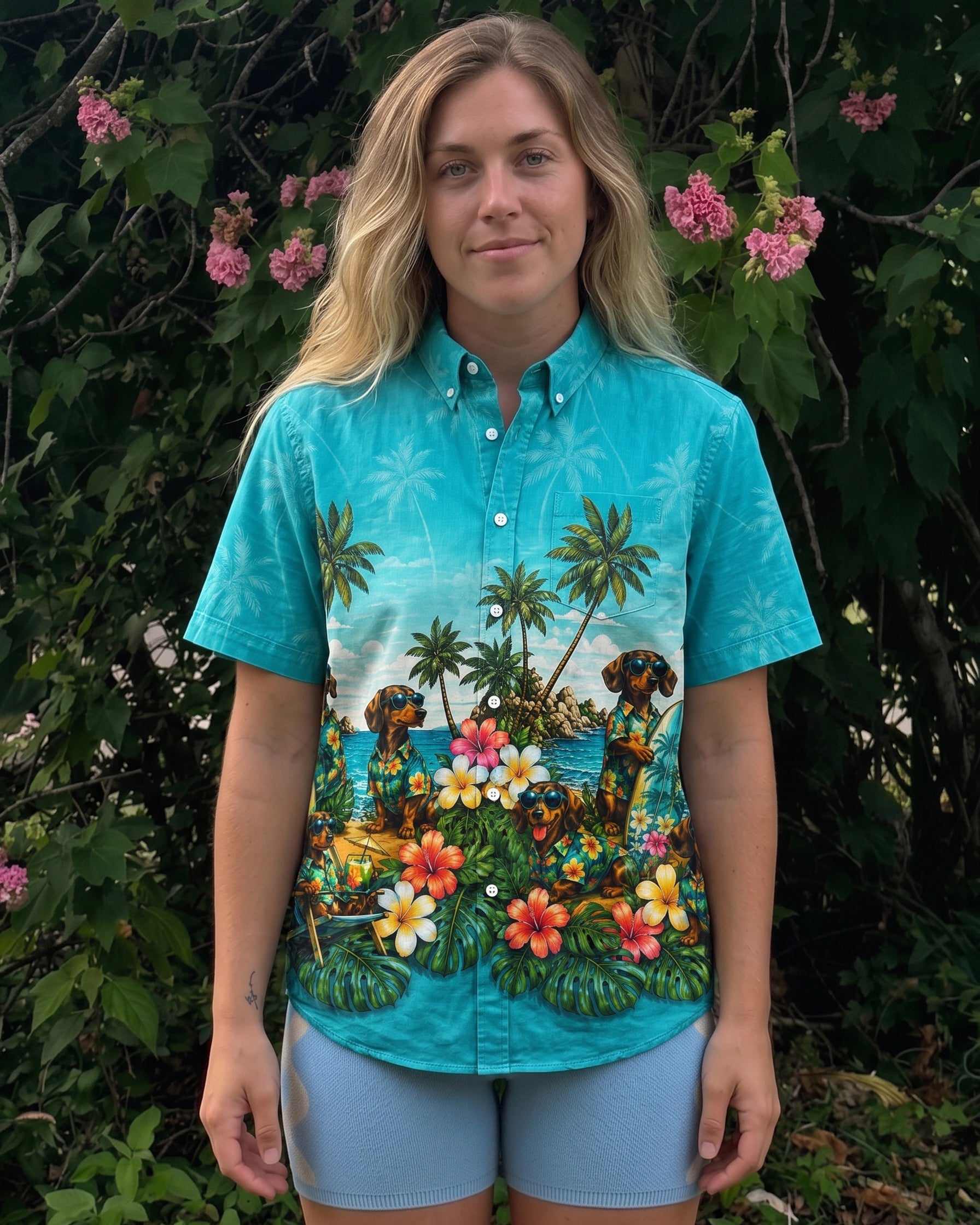 DACHSHUND DOG TROPICAL  BUTTON-DOWN COLLAR SHIRT  - TLNT0107265