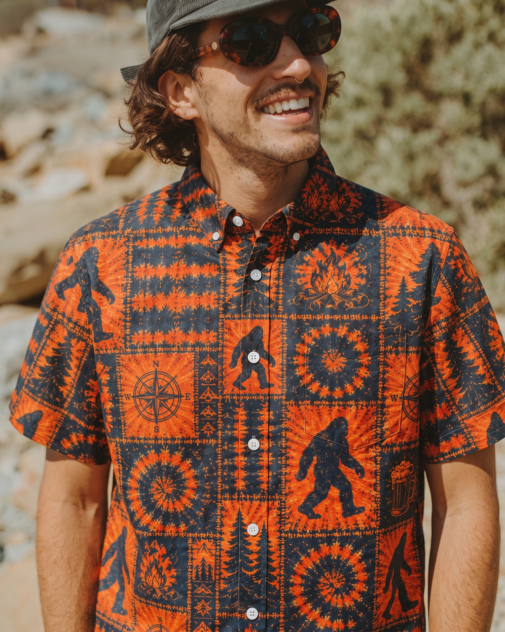 RETRO BIGFOOT WILDERNESS PATCHWORK BUTTON-DOWN COLLAR SHIRT  - TLNT0307266