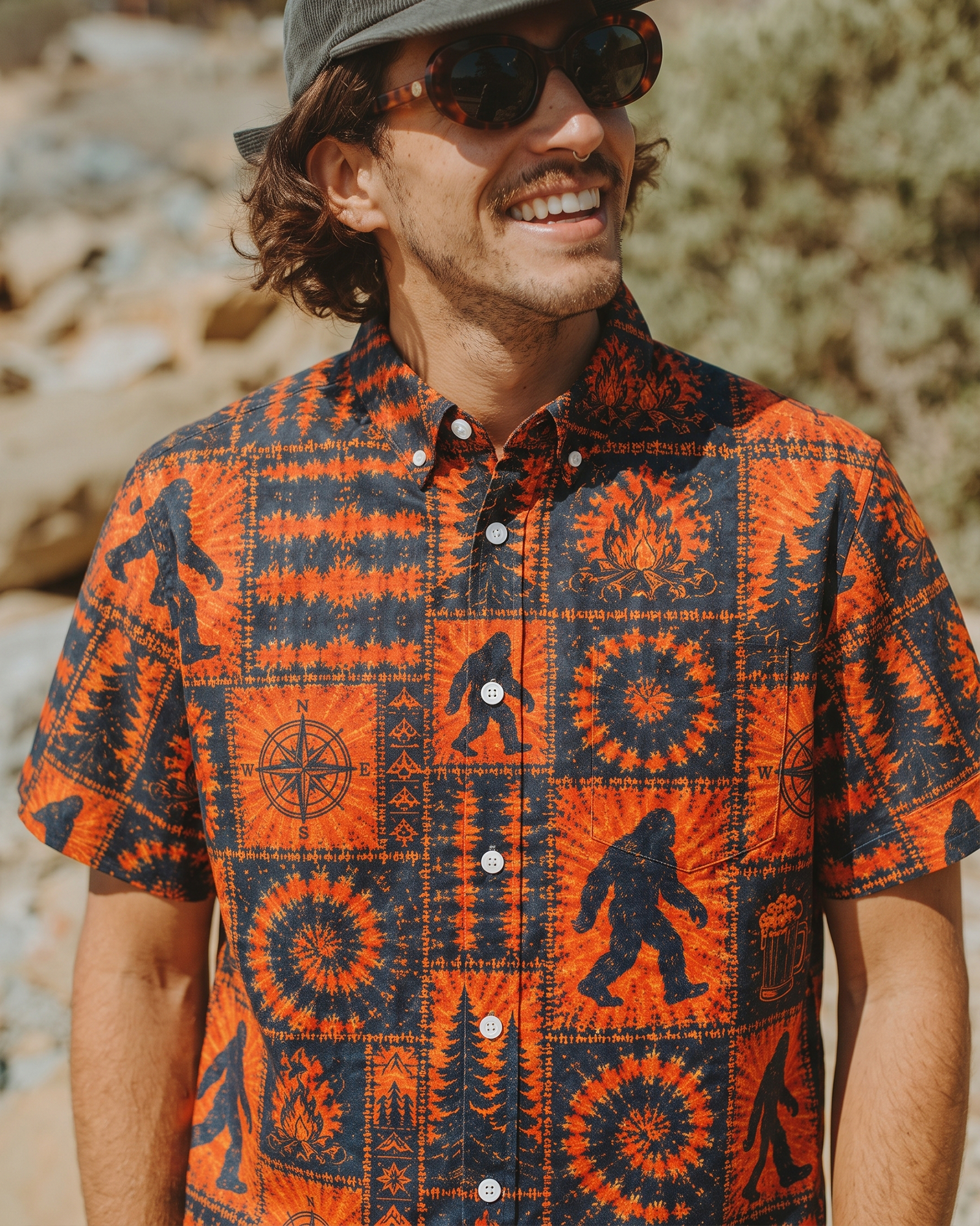 RETRO BIGFOOT WILDERNESS PATCHWORK BUTTON-DOWN COLLAR SHIRT  - TLNT0307266