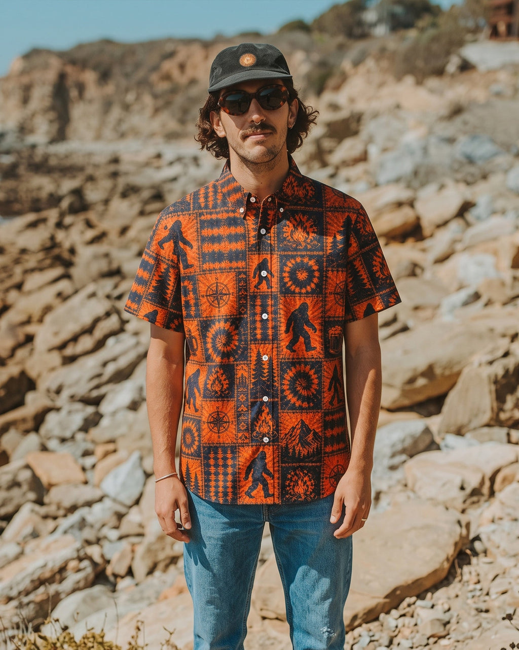 RETRO BIGFOOT WILDERNESS PATCHWORK BUTTON-DOWN COLLAR SHIRT  - TLNT0307266