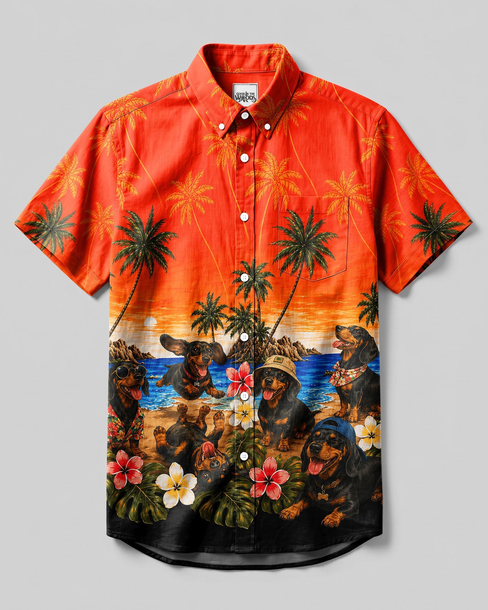 DACHSHUND DOG TROPICAL SUNSET BUTTON-DOWN COLLAR SHIRT   - TLNT1606262
