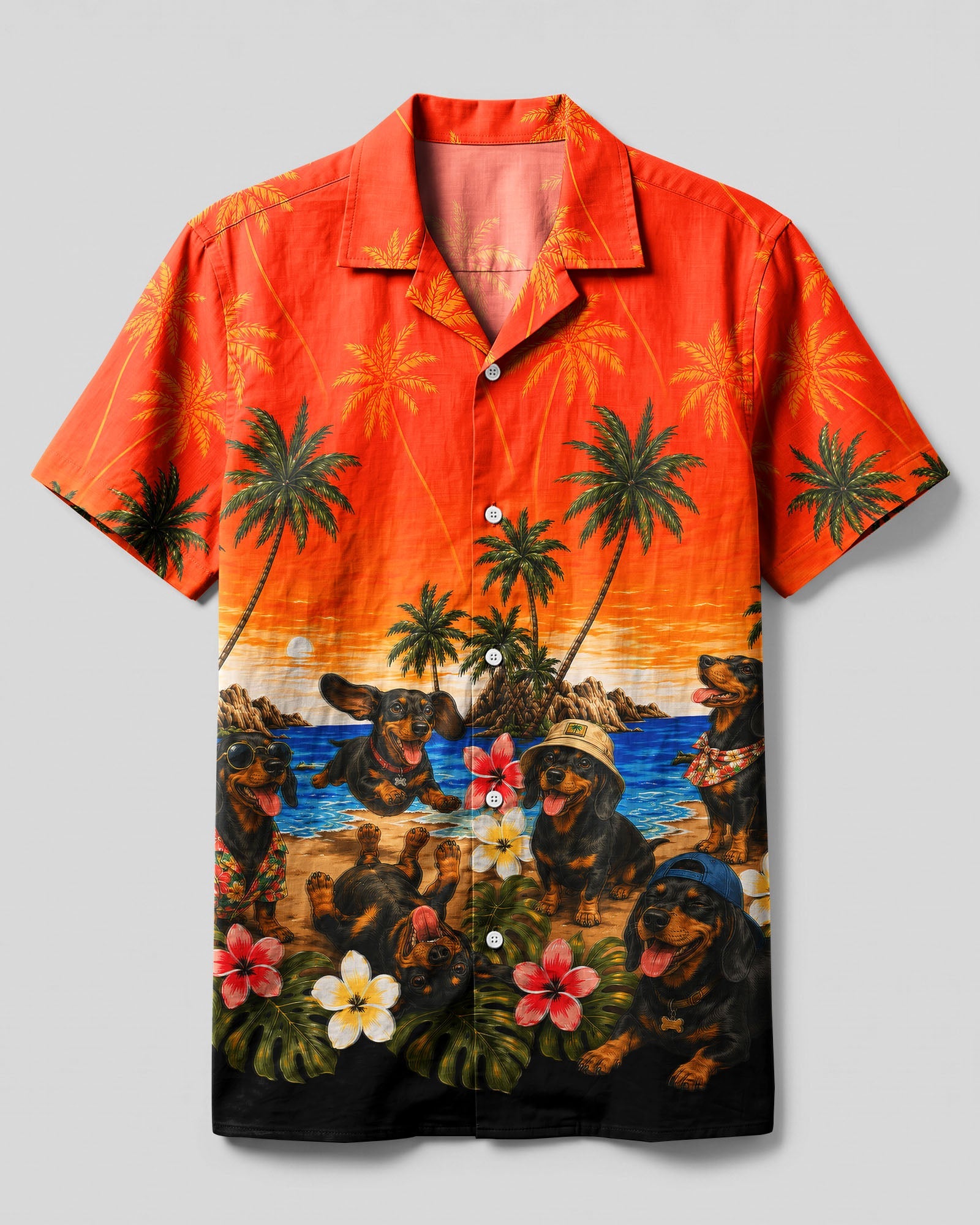 DACHSHUND DOG TROPICAL SUNSET CAMP SHIRT   - TLNT1606261