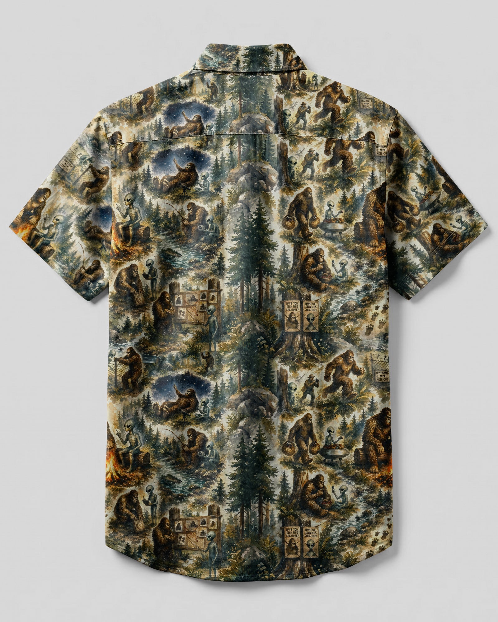 SCI-FI BIGFOOT ALIEN CAMPING BUTTON-DOWN COLLAR SHIRT - RITD2206262