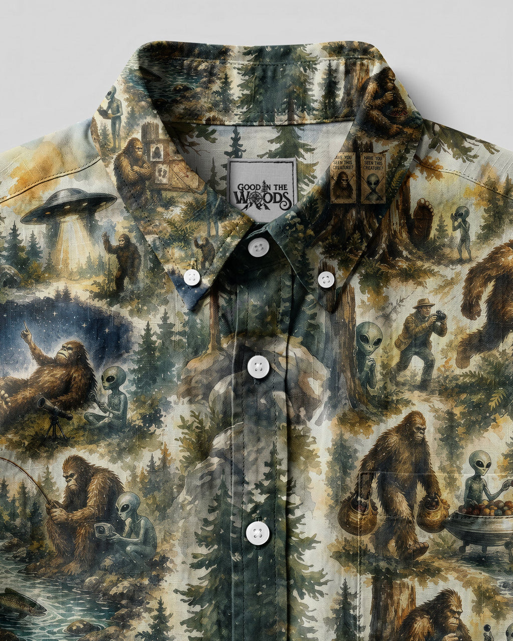 SCI-FI BIGFOOT ALIEN CAMPING BUTTON-DOWN COLLAR SHIRT - RITD2206262