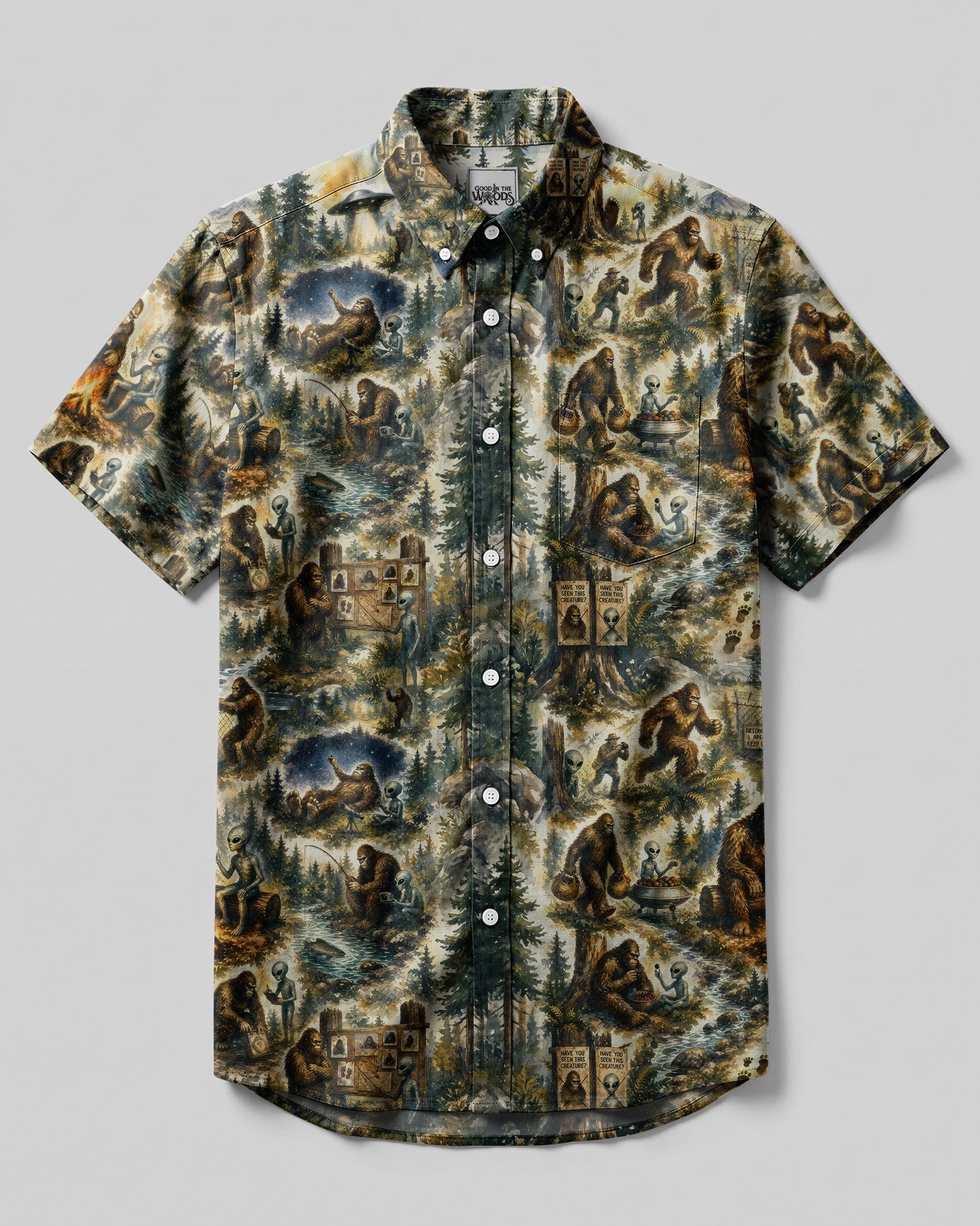 SCI-FI BIGFOOT ALIEN CAMPING BUTTON-DOWN COLLAR SHIRT - RITD2206262