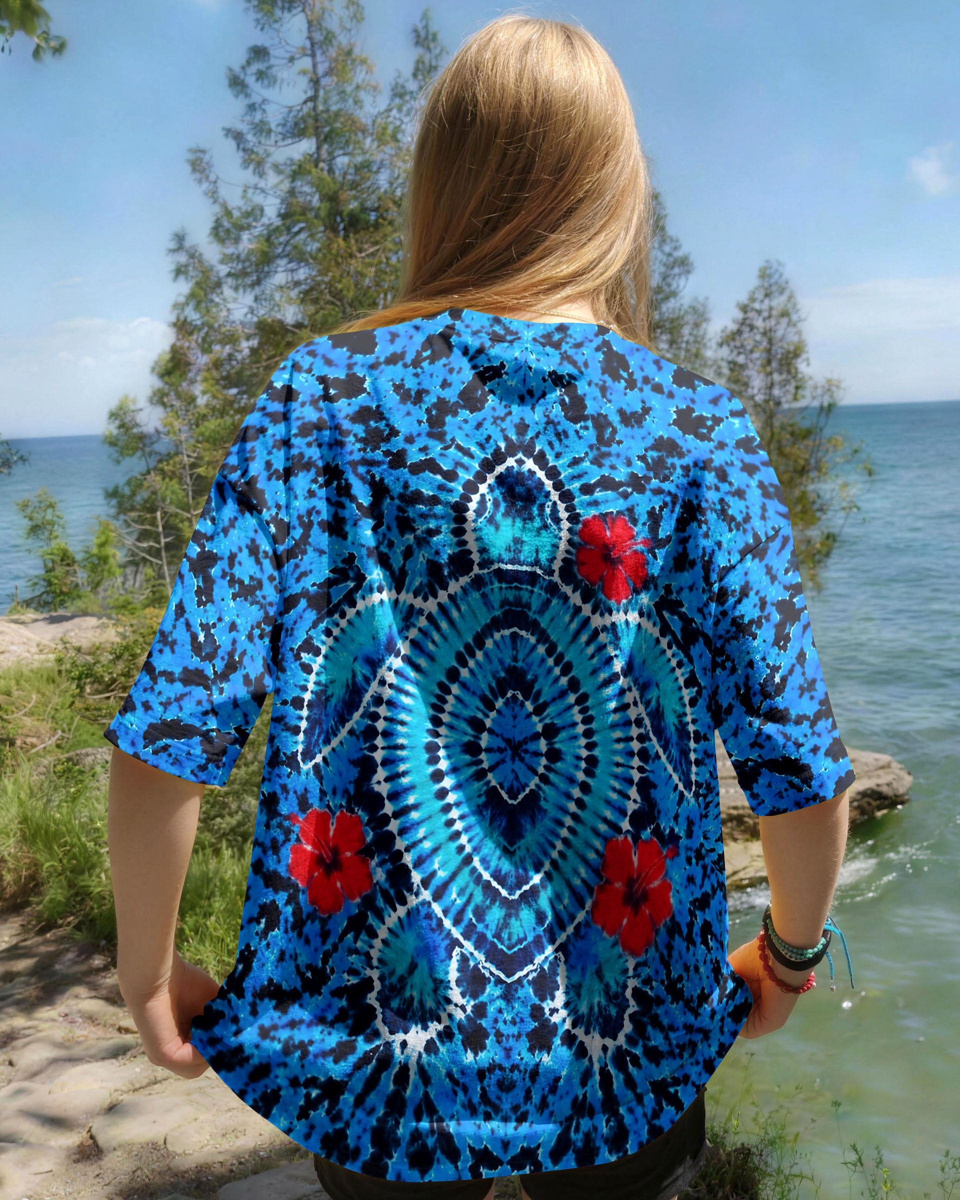 HIBISCUS FLOWERS AND SEA TURTLE BURST ALL OVER PRINT  - TLNT1407263