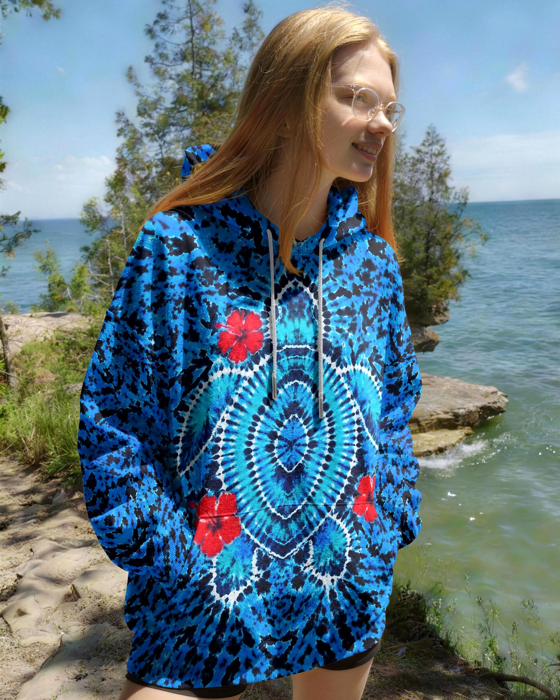 HIBISCUS FLOWERS AND SEA TURTLE BURST ALL OVER PRINT  - TLNT1407263