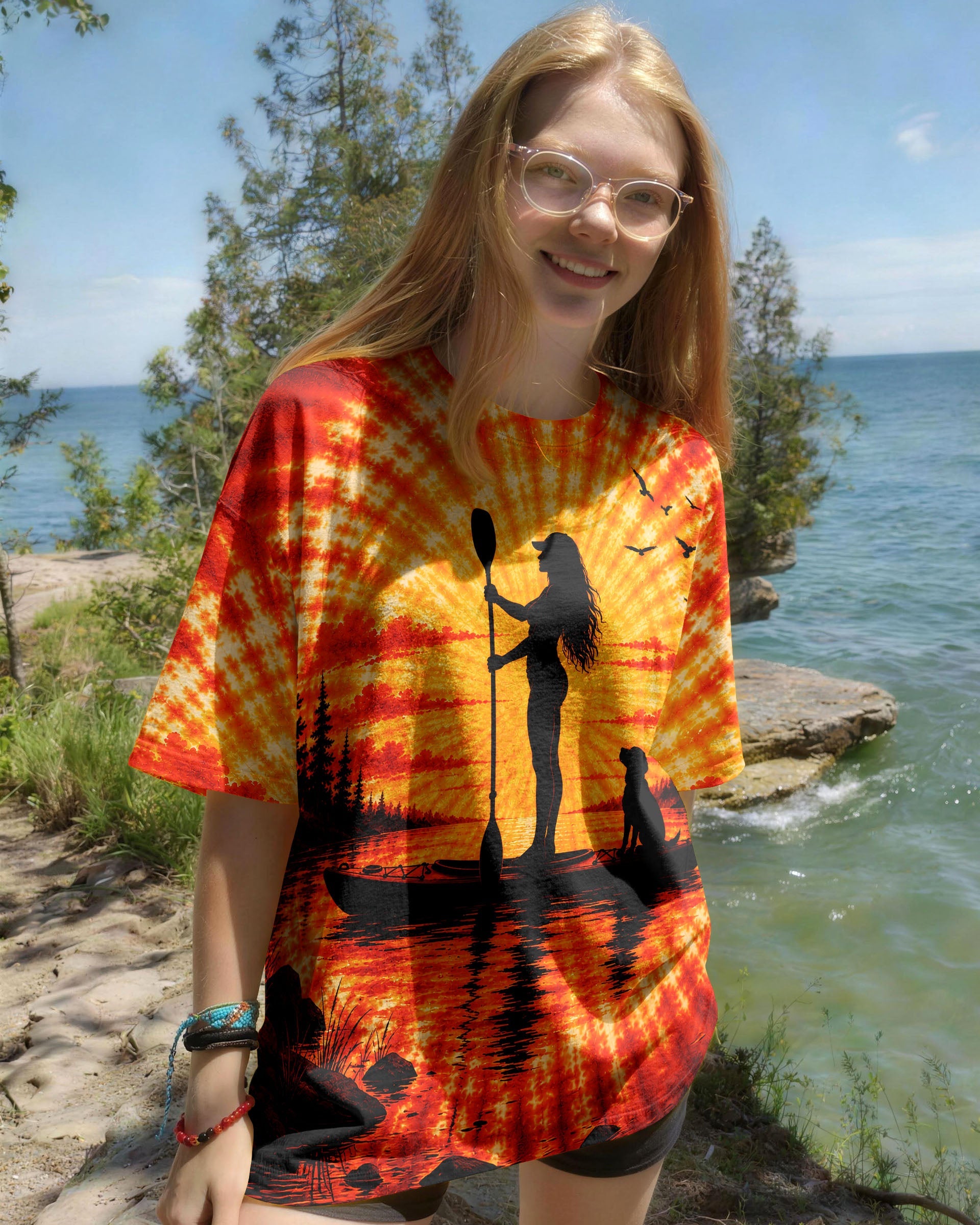 KAYAK LAKE DAY WITH DOG ORANGE SUNSET ALL OVER PRINT - TLNT2906263