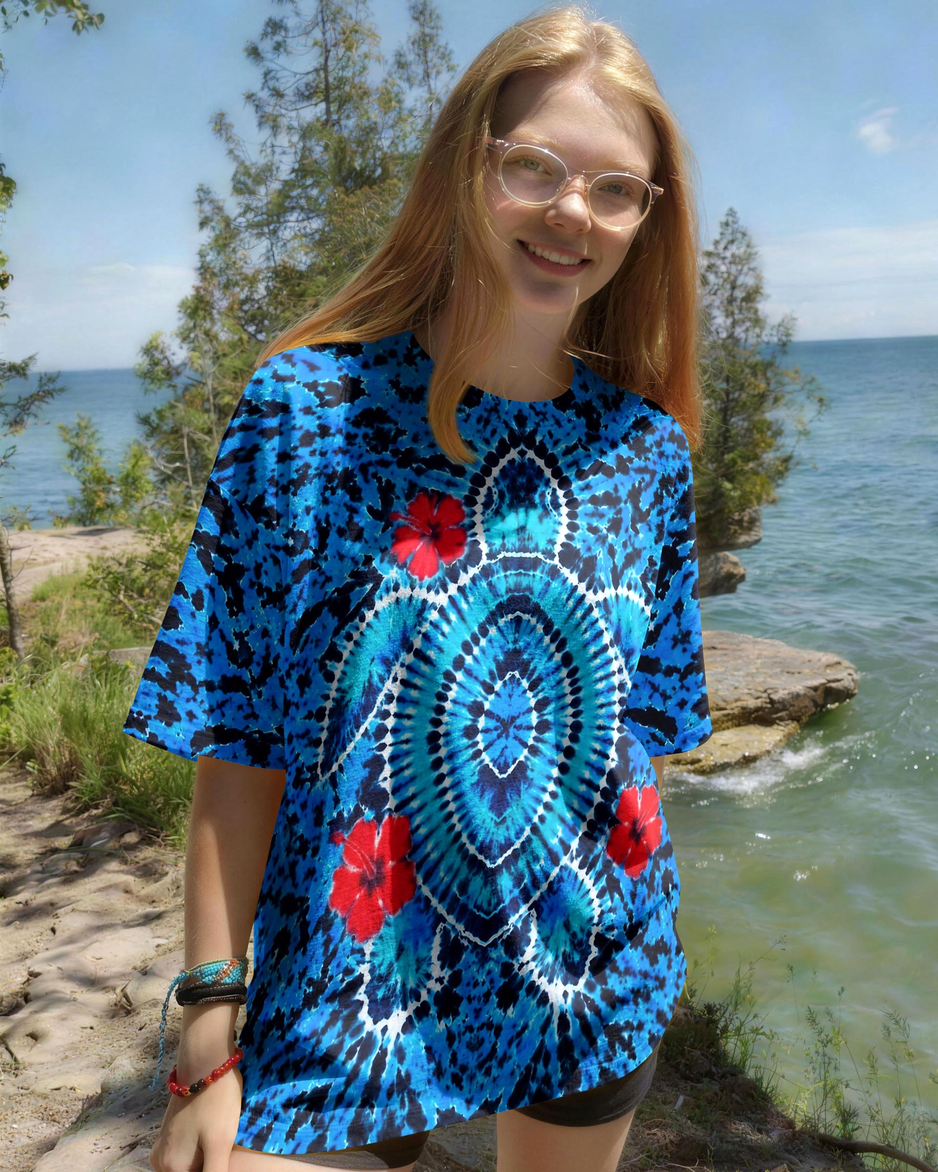 HIBISCUS FLOWERS AND SEA TURTLE BURST ALL OVER PRINT  - TLNT1407263