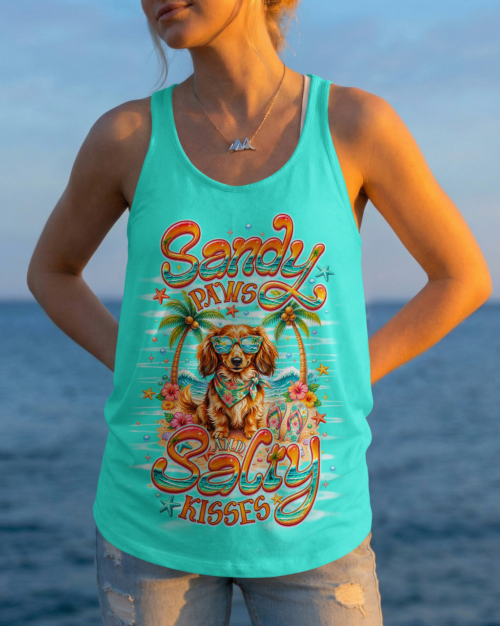 SANDY PAWS AND SALTY KISSES LONG-HAIRED DACHSHUND DOG ALL OVER PRINT  - TLNO0206261