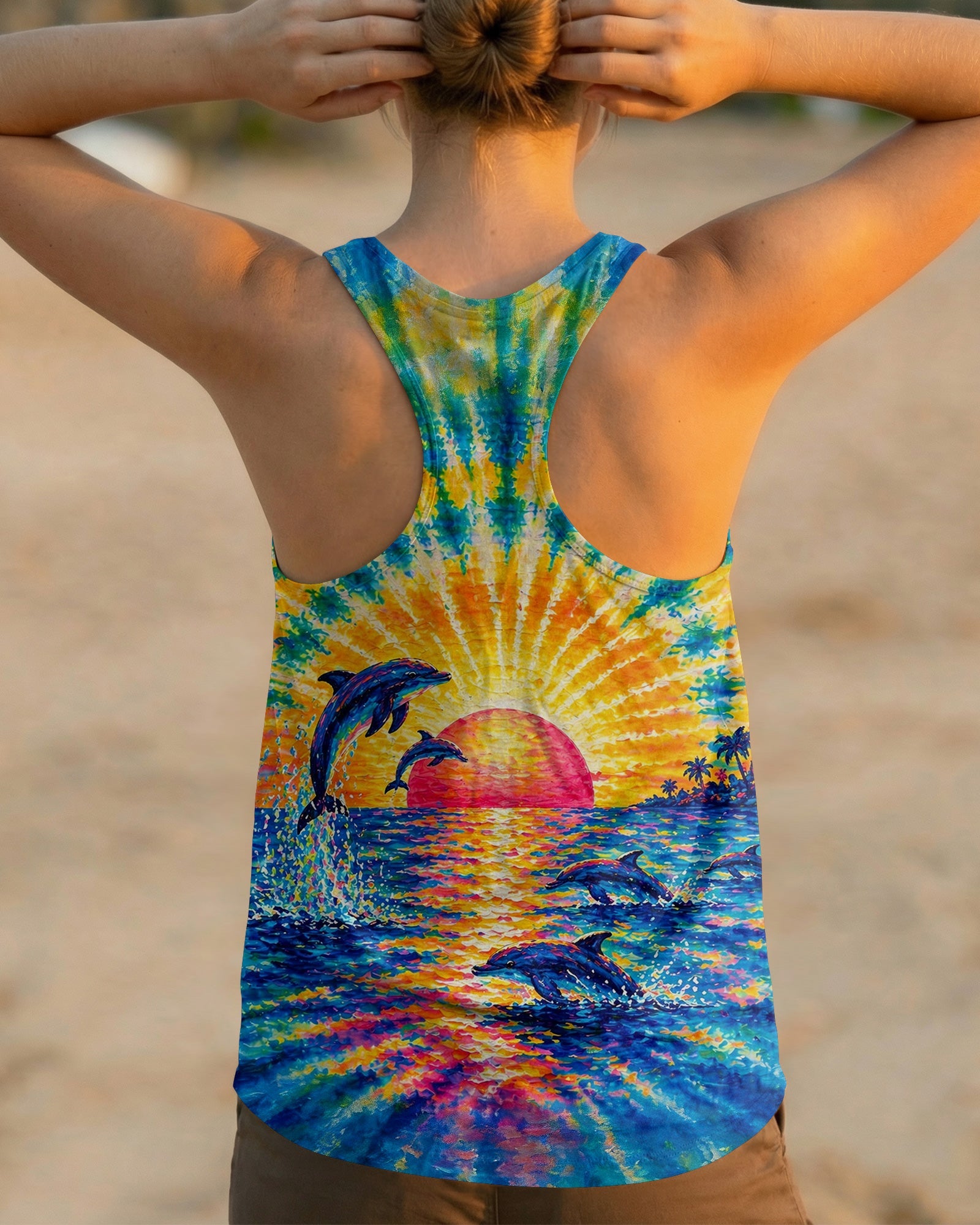 DOLPHINS JUMPING  SUNSET WATERCOLOR PATTERN ALL OVER PRINT - TLTW0505262