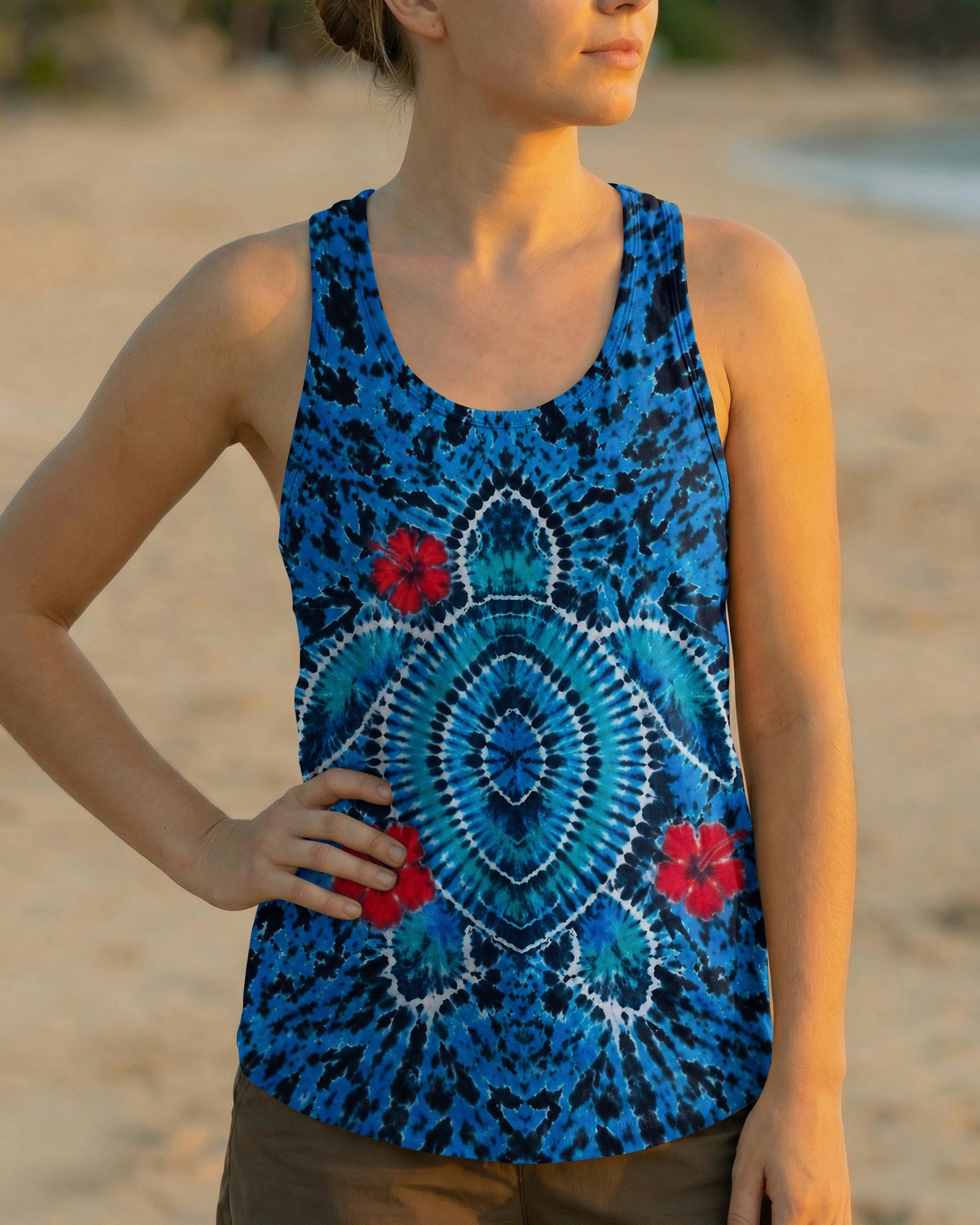 HIBISCUS FLOWERS AND SEA TURTLE BURST ALL OVER PRINT  - TLNT1407263