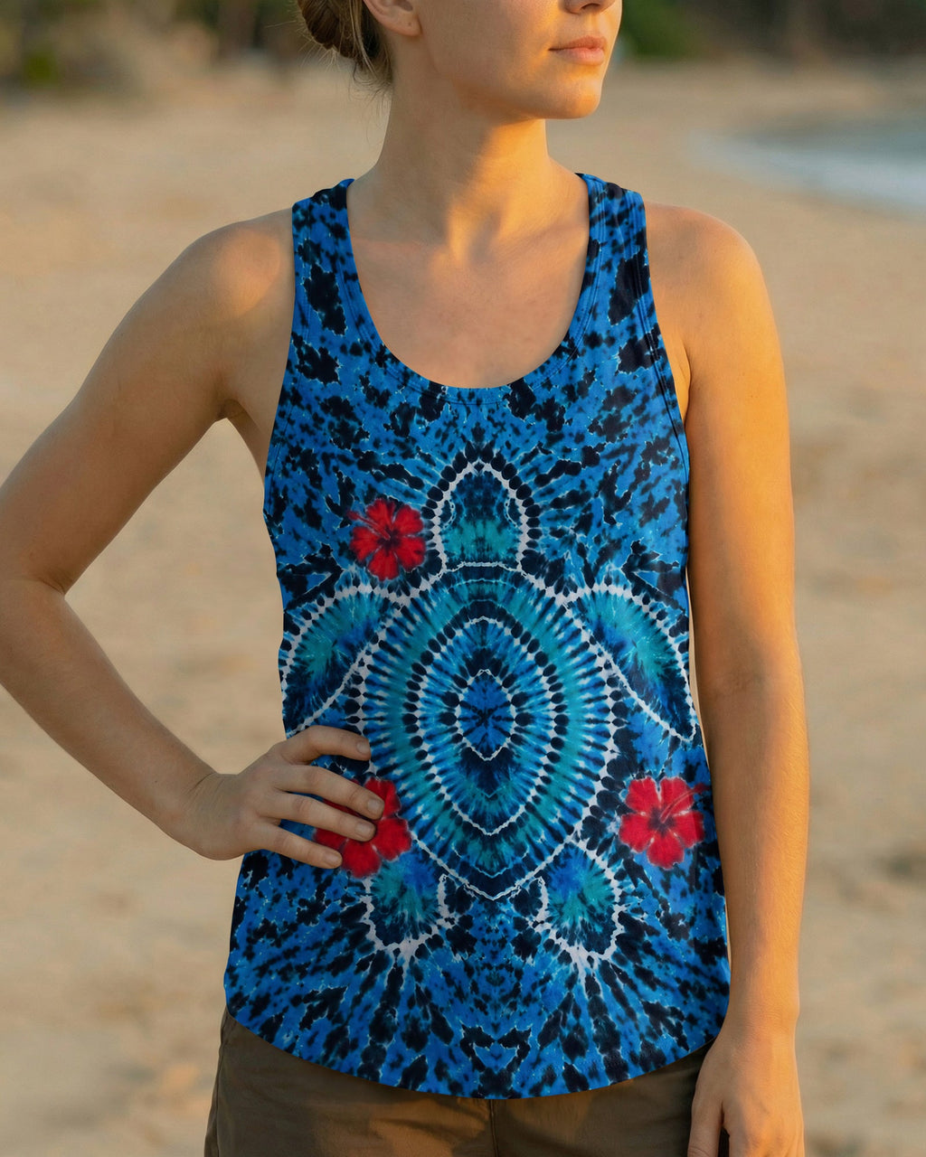 HIBISCUS FLOWERS AND SEA TURTLE BURST ALL OVER PRINT  - TLNT1407263