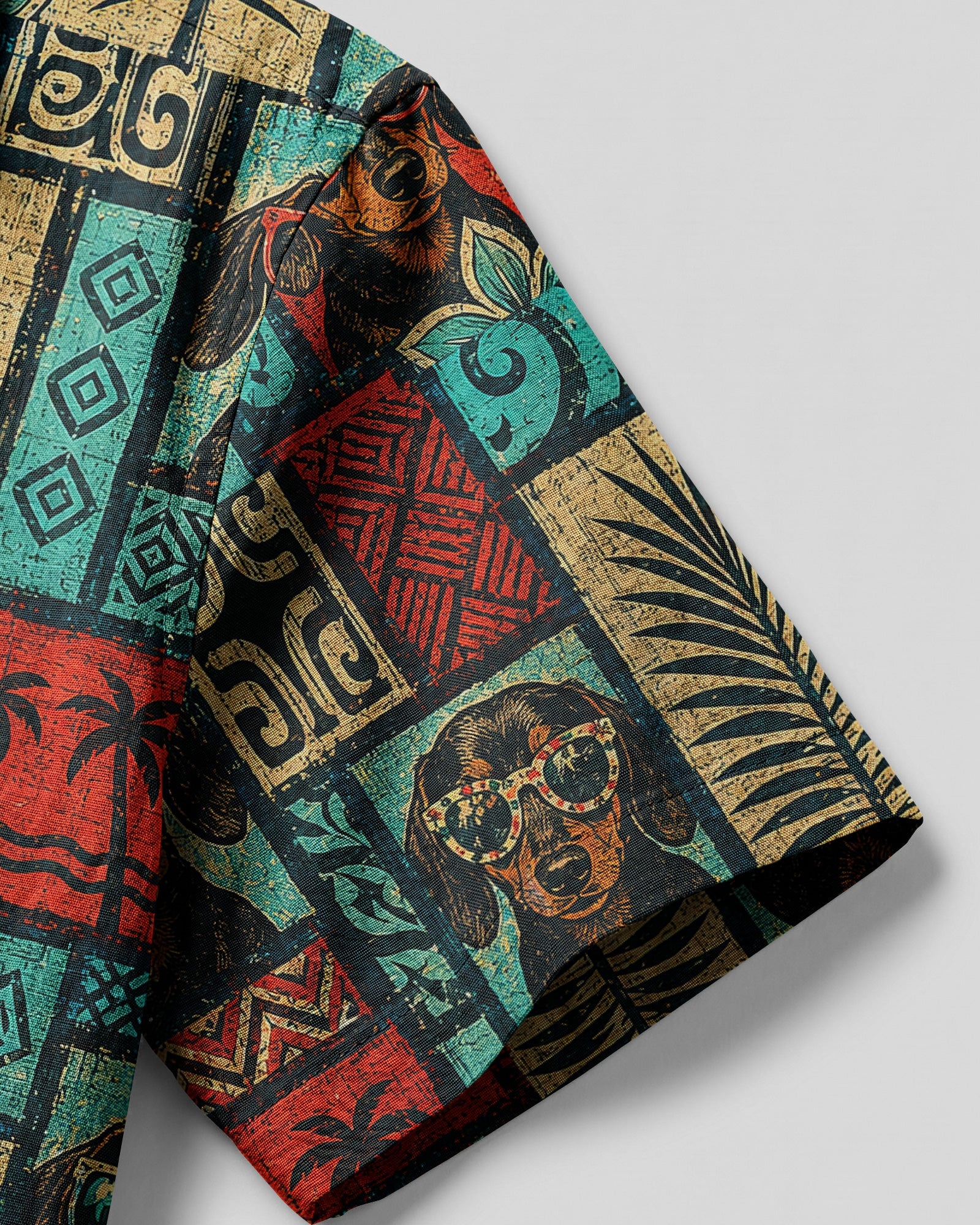 TRIBAL DACHSHUND DOG TROPICAL PATCHWORK CAMP SHIRT  - TLNT1507264