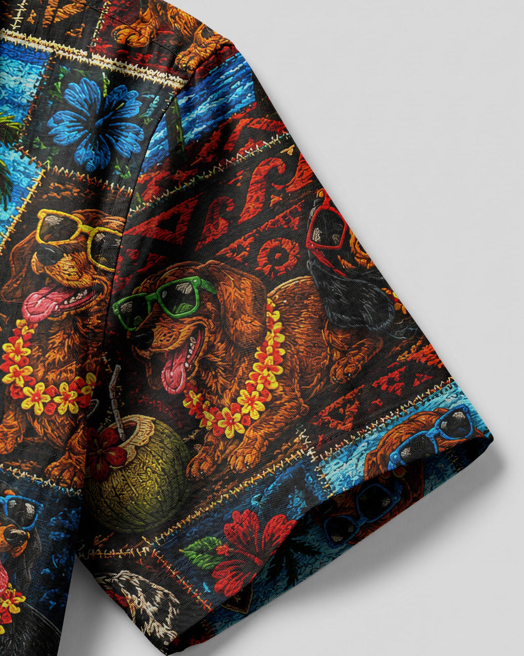 TROPICAL DACHSHUND DOG PATCHWORK CAMP SHIRT  - TLNT0807261