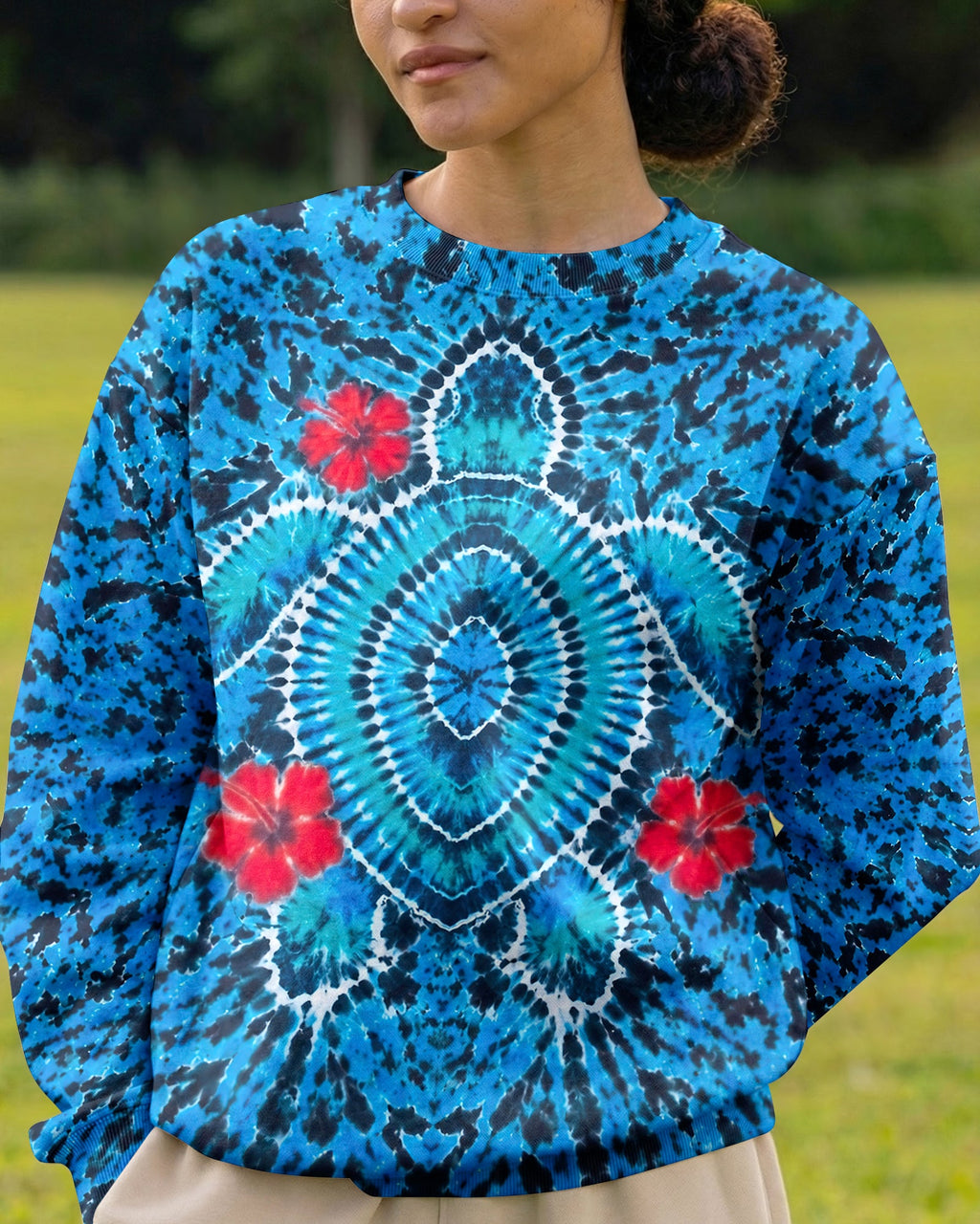 HIBISCUS FLOWERS AND SEA TURTLE BURST ALL OVER PRINT  - TLNT1407263