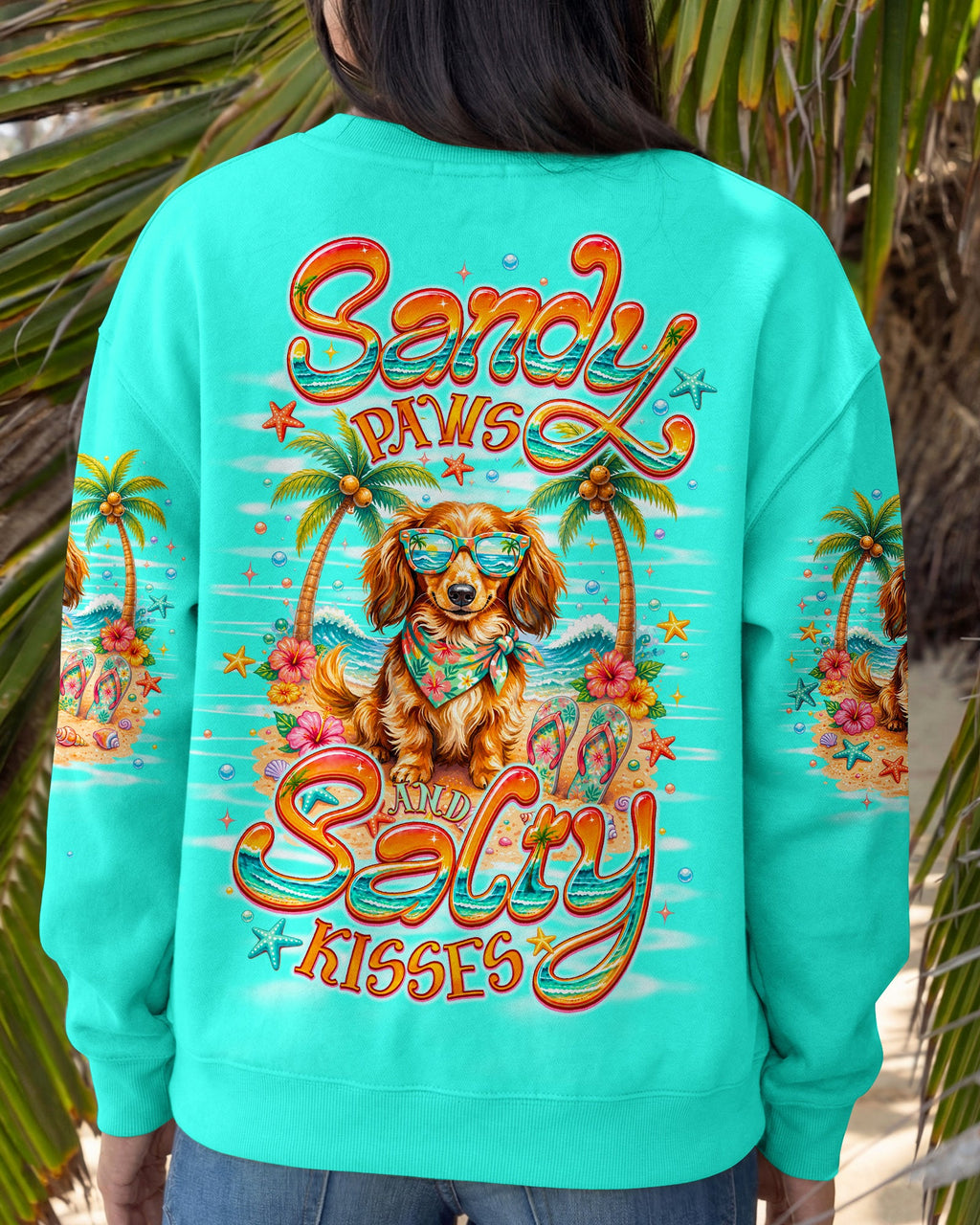 SANDY PAWS AND SALTY KISSES LONG-HAIRED DACHSHUND DOG ALL OVER PRINT  - TLNO0206261