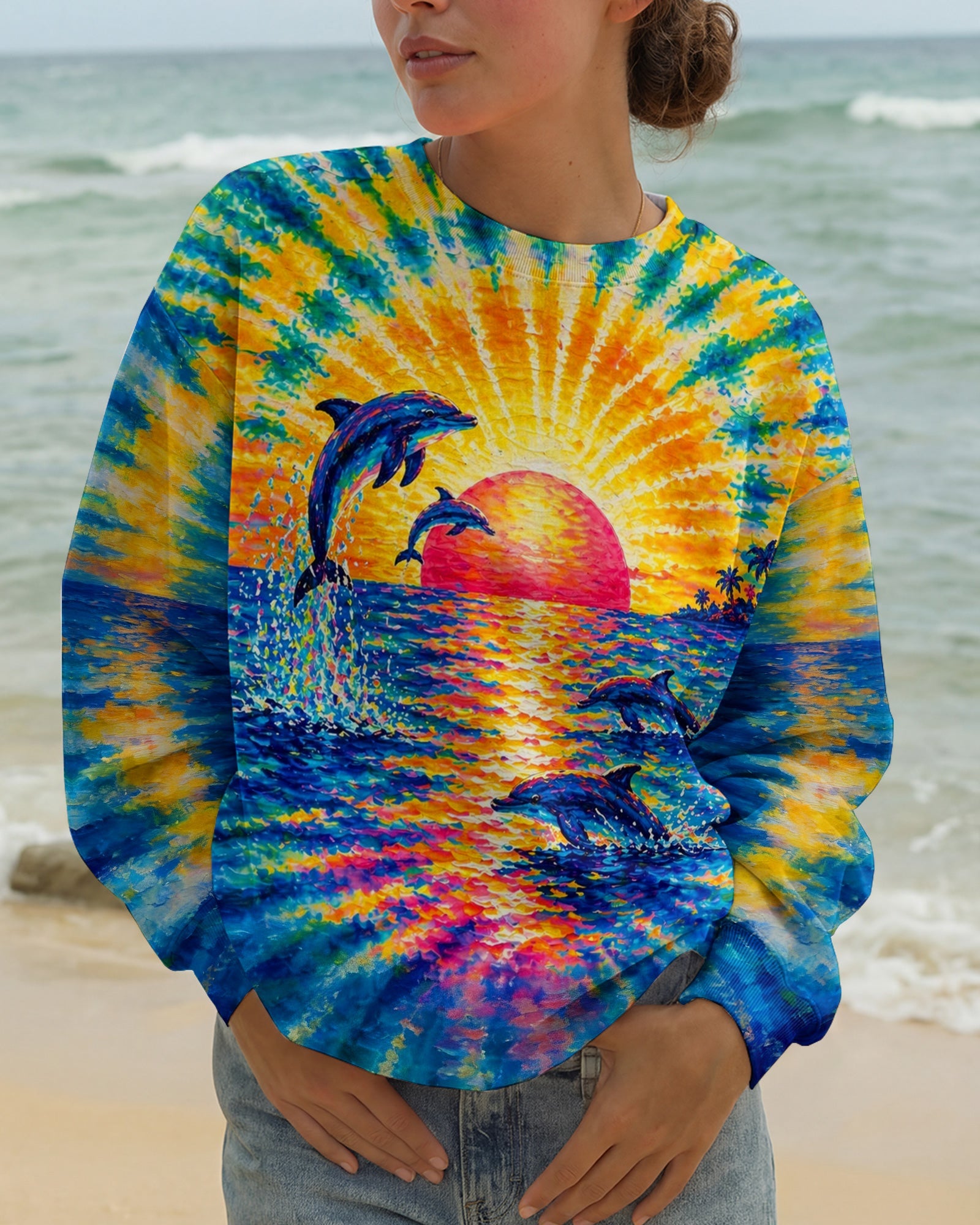 DOLPHINS JUMPING  SUNSET WATERCOLOR PATTERN ALL OVER PRINT - TLTW0505262