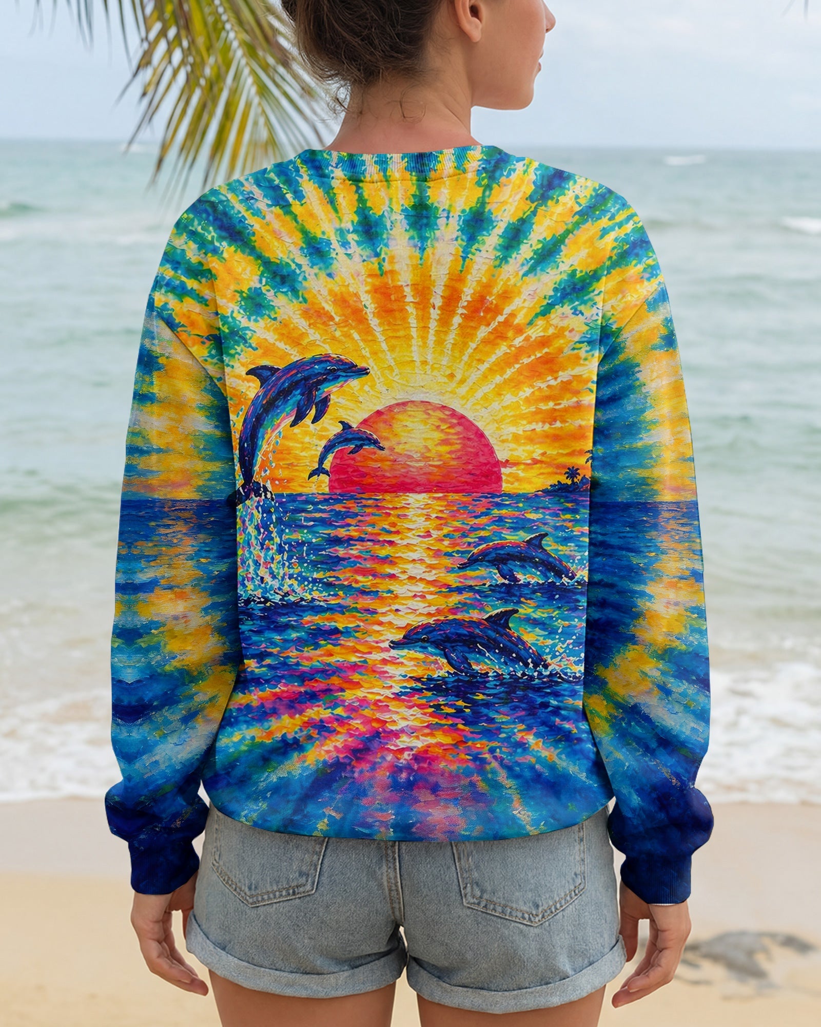 DOLPHINS JUMPING  SUNSET WATERCOLOR PATTERN ALL OVER PRINT - TLTW0505262