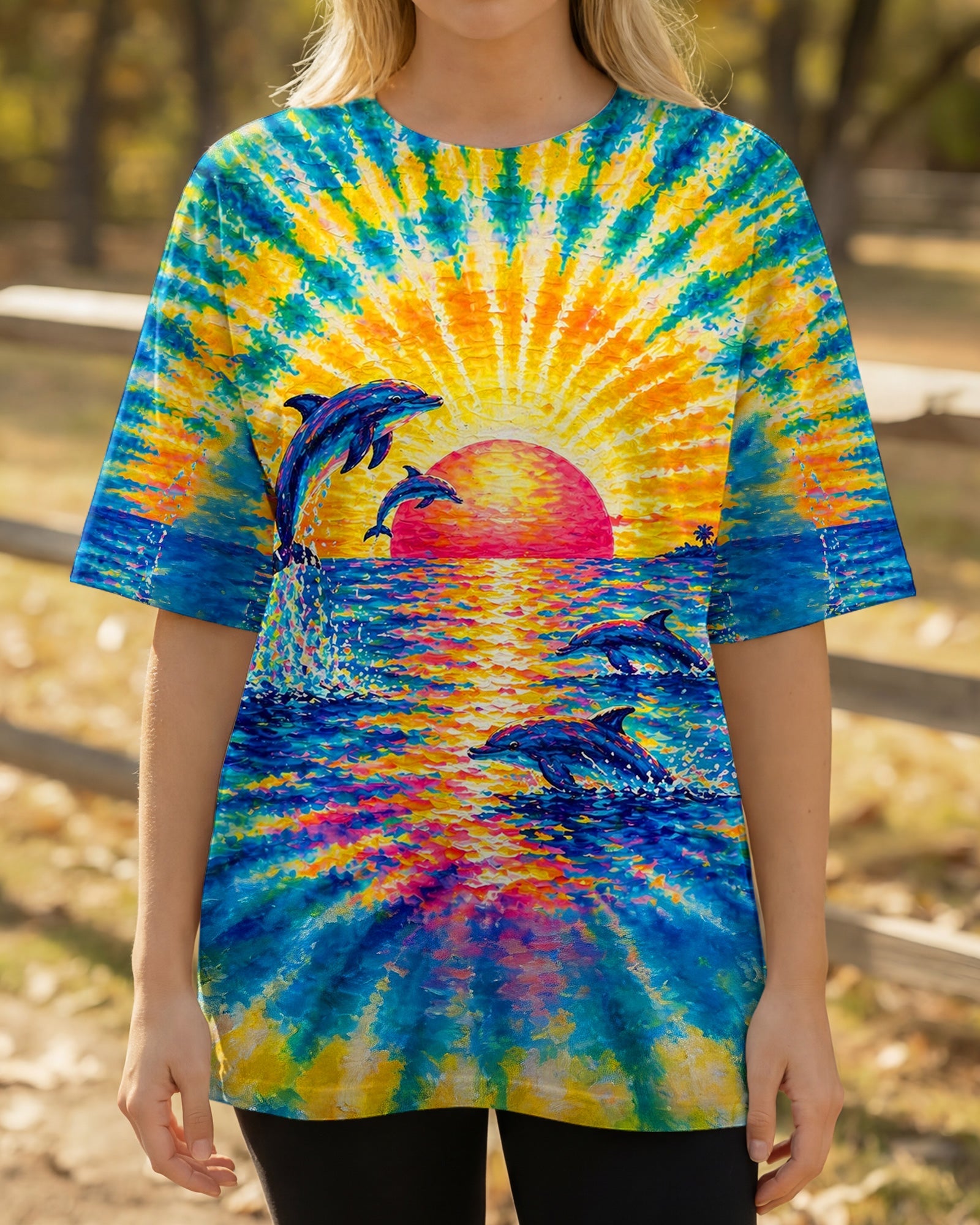 DOLPHINS JUMPING  SUNSET WATERCOLOR PATTERN ALL OVER PRINT - TLTW0505262