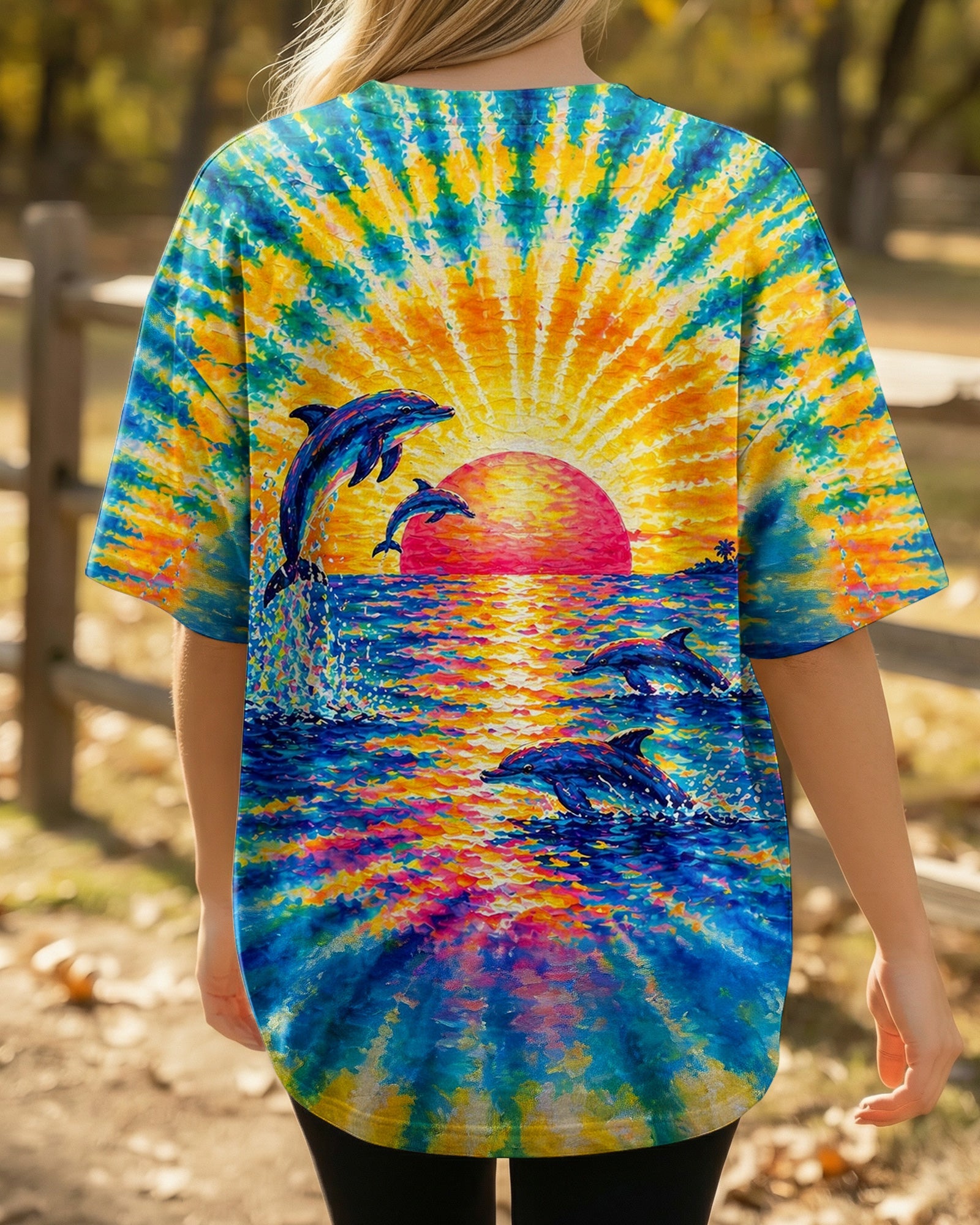 DOLPHINS JUMPING  SUNSET WATERCOLOR PATTERN ALL OVER PRINT - TLTW0505262
