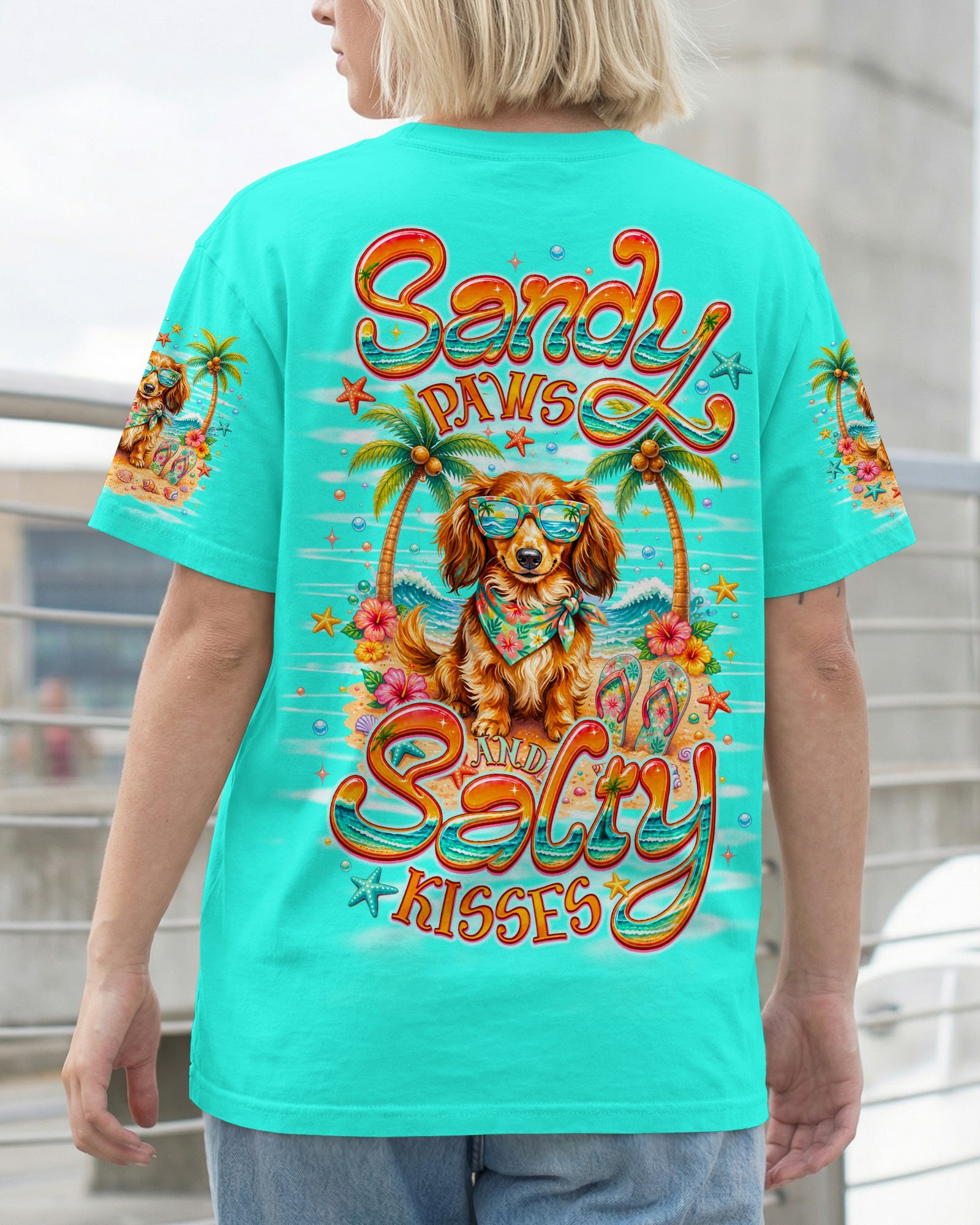 SANDY PAWS AND SALTY KISSES LONG-HAIRED DACHSHUND DOG ALL OVER PRINT  - TLNO0206261