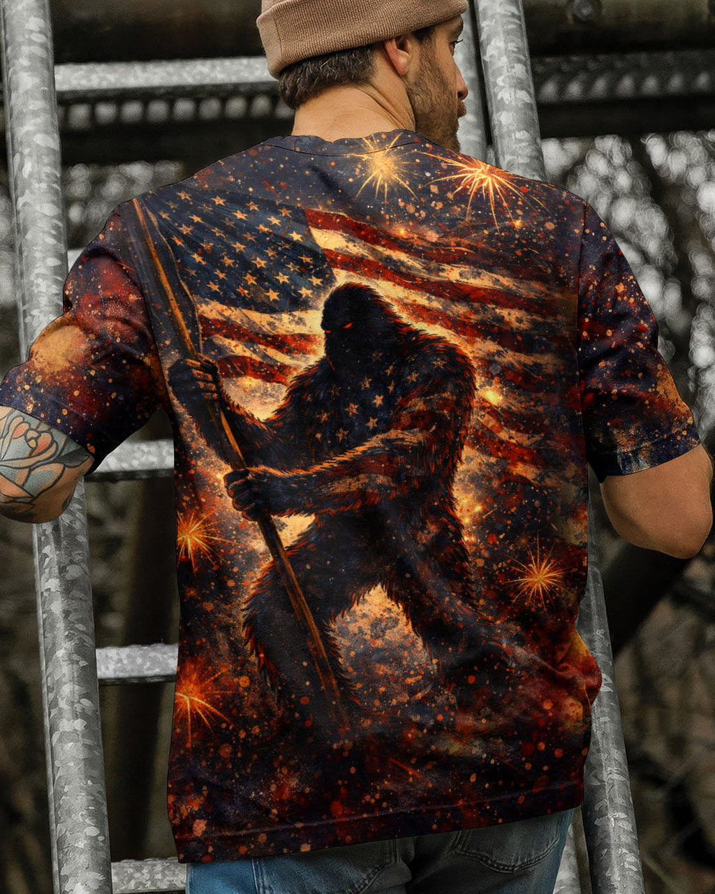 BIGFOOT STARS AND STRIPES GRUNGE ART ALL OVER PRINT - TLHN0704263