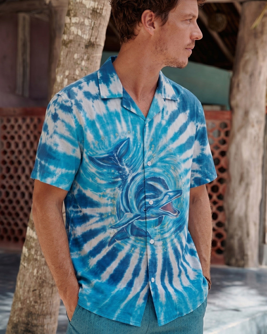 VIBRANT BLUE VORTEX DOLPHIN CAMP SHIRT - RITD1806261