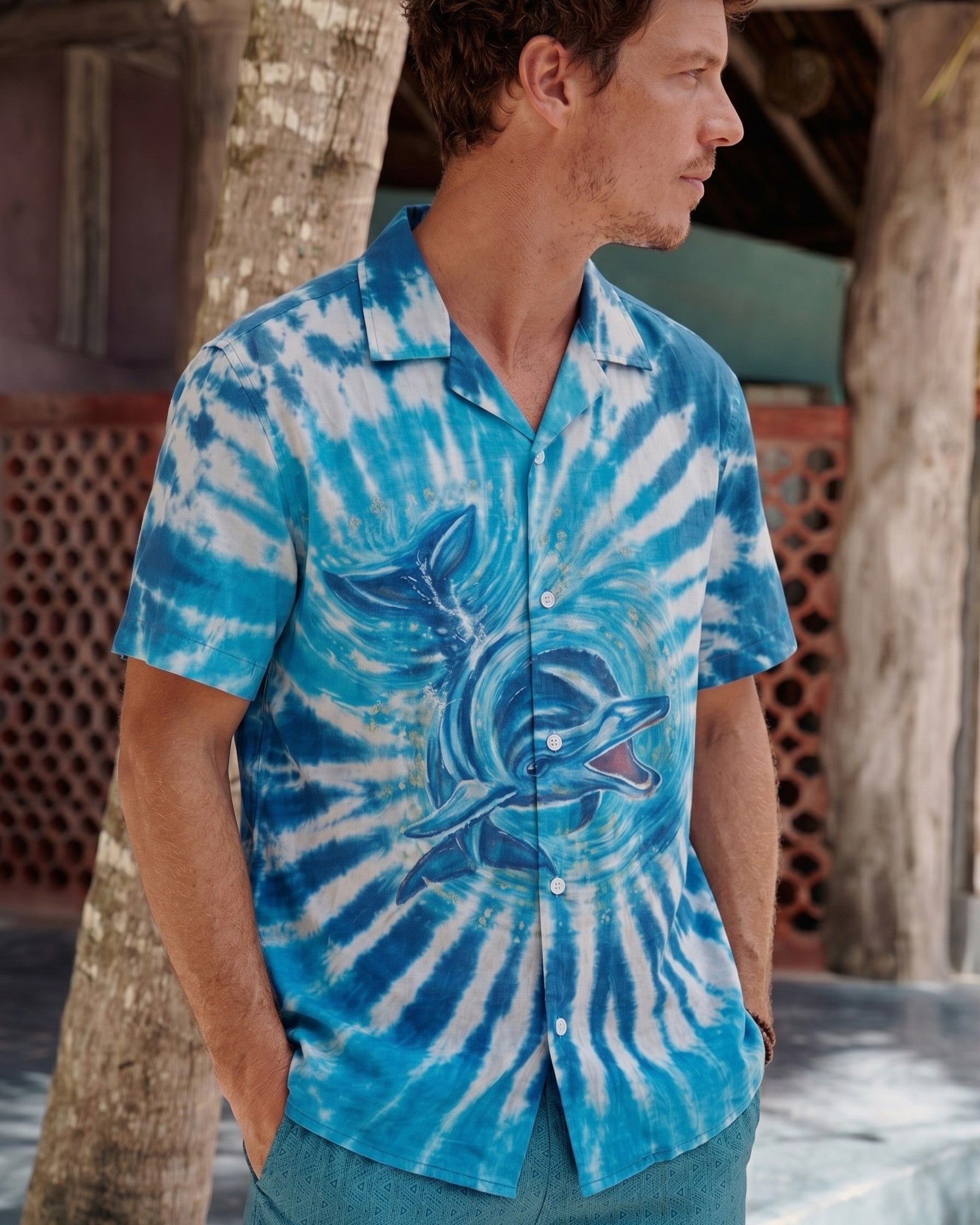 VIBRANT BLUE VORTEX DOLPHIN CAMP SHIRT - RITD1806261