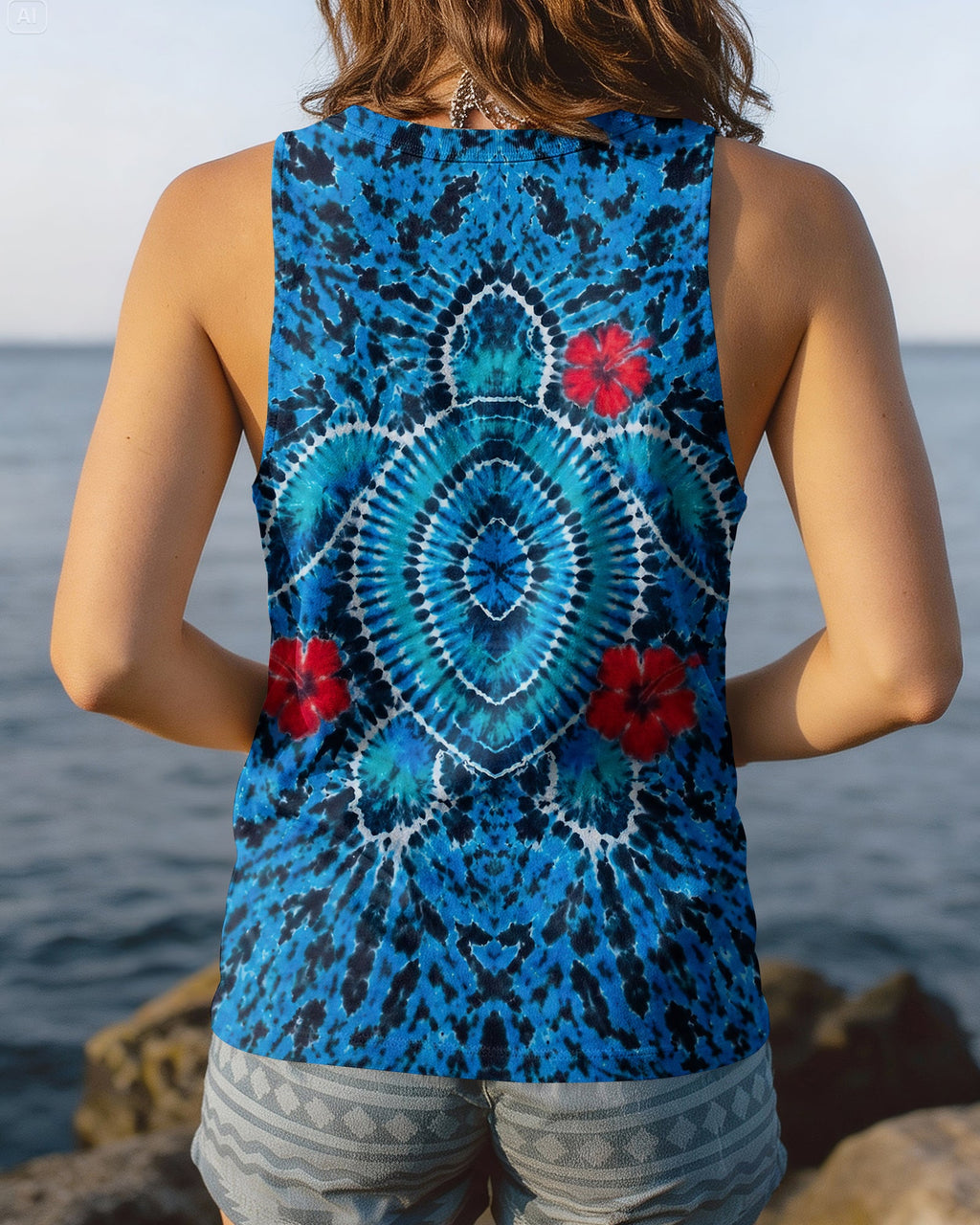 HIBISCUS FLOWERS AND SEA TURTLE BURST ALL OVER PRINT  - TLNT1407263