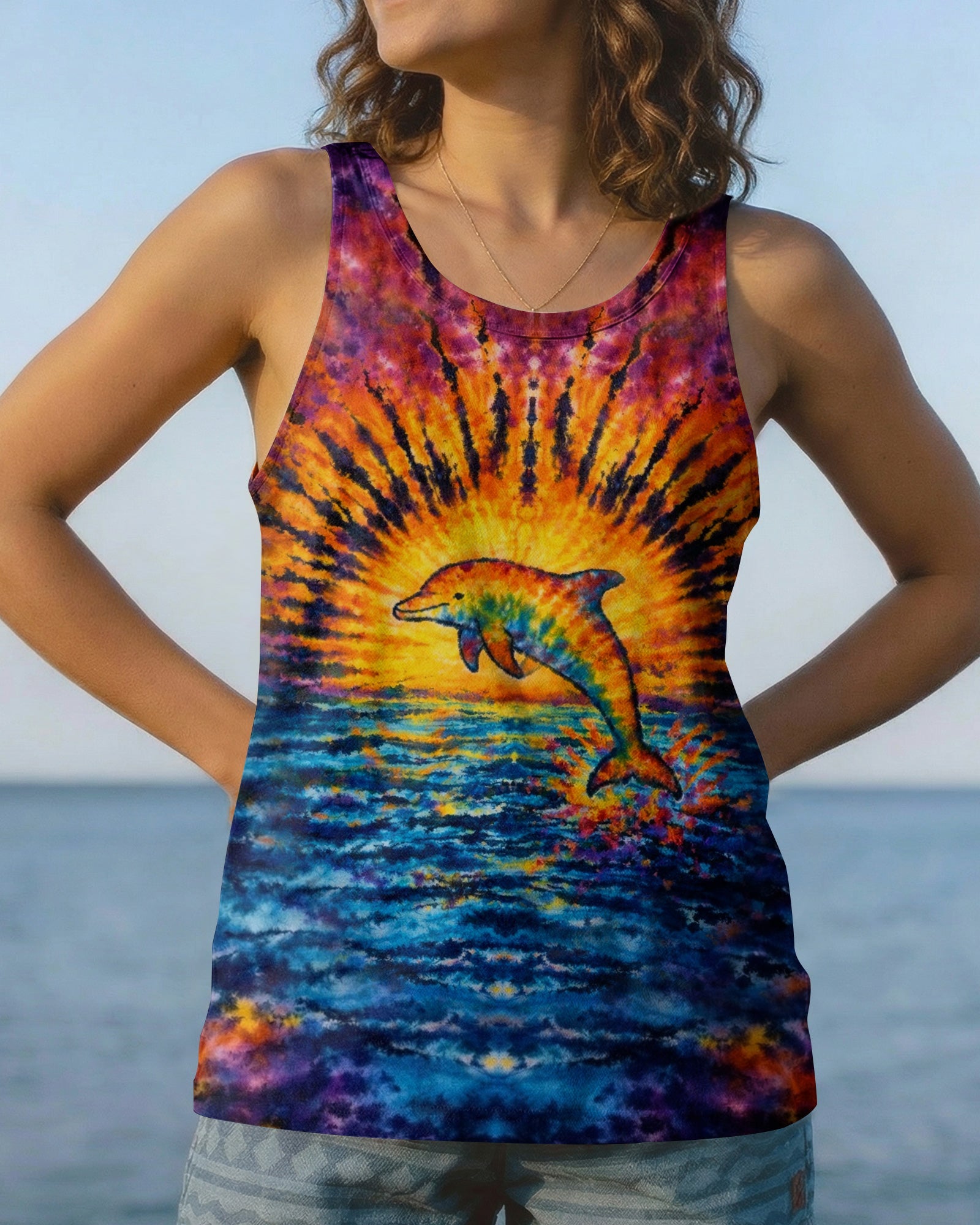 DOLPHIN SUNSET WATERCOLOR PATTERN ALL OVER PRINT - TLHN0904262