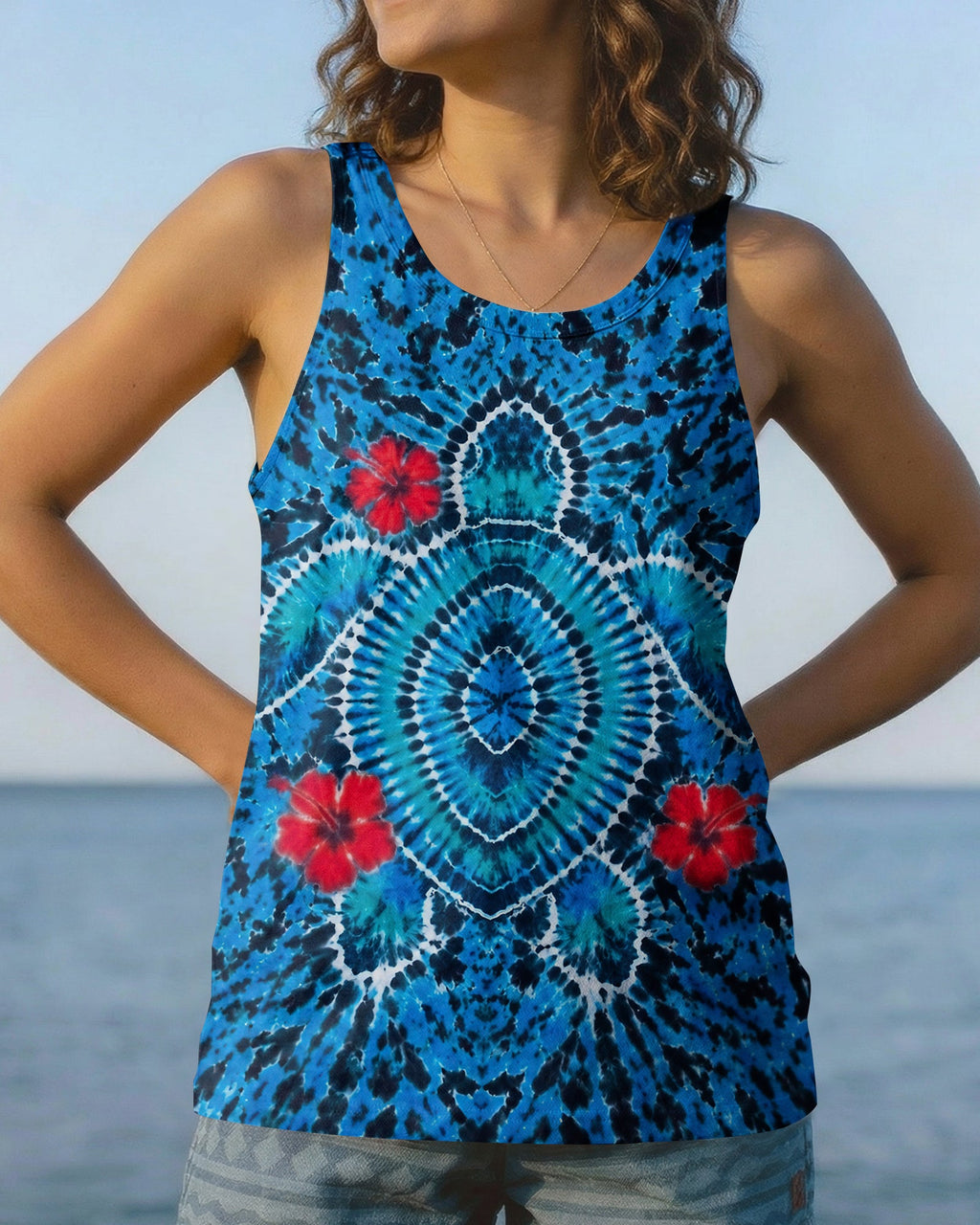 HIBISCUS FLOWERS AND SEA TURTLE BURST ALL OVER PRINT  - TLNT1407263