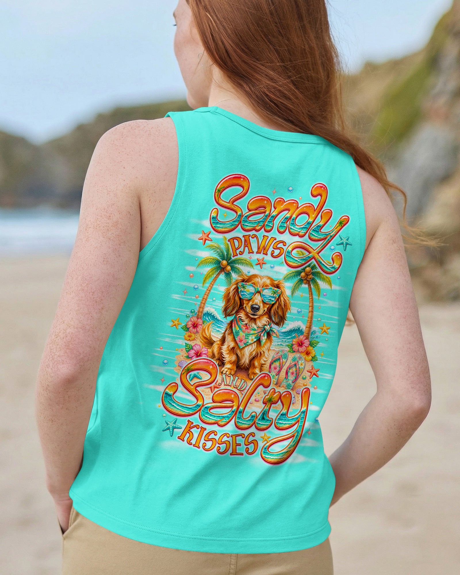SANDY PAWS AND SALTY KISSES LONG-HAIRED DACHSHUND DOG ALL OVER PRINT  - TLNO0206261