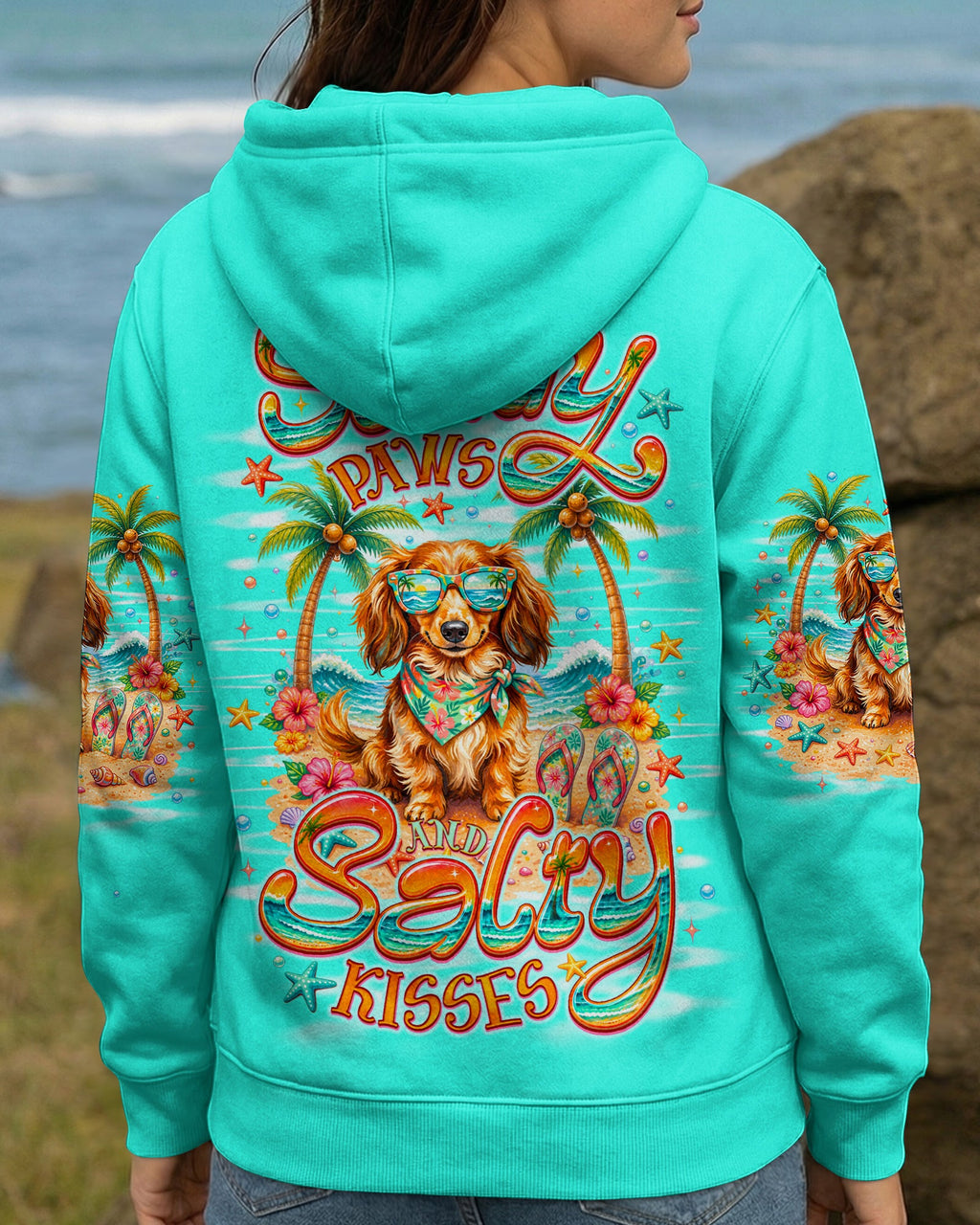 SANDY PAWS AND SALTY KISSES LONG-HAIRED DACHSHUND DOG ALL OVER PRINT  - TLNO0206261