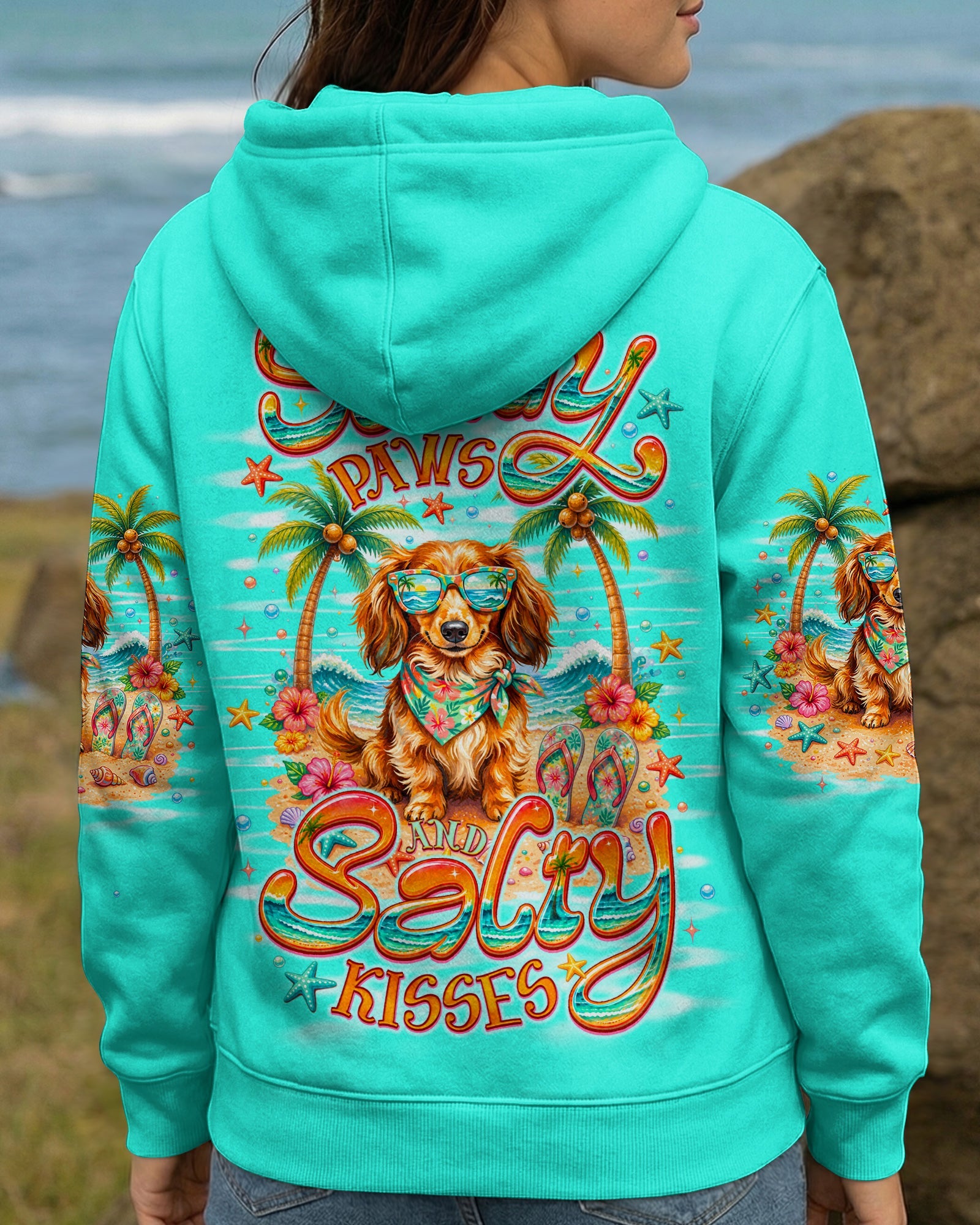 SANDY PAWS AND SALTY KISSES LONG-HAIRED DACHSHUND DOG ALL OVER PRINT  - TLNO0206261