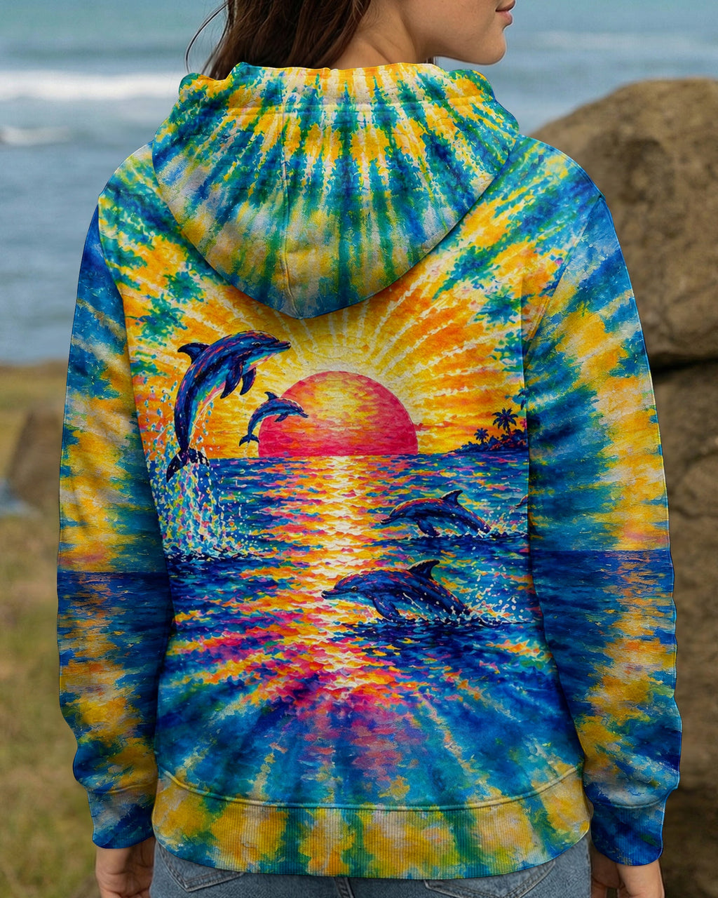 DOLPHINS JUMPING  SUNSET WATERCOLOR PATTERN ALL OVER PRINT - TLTW0505262