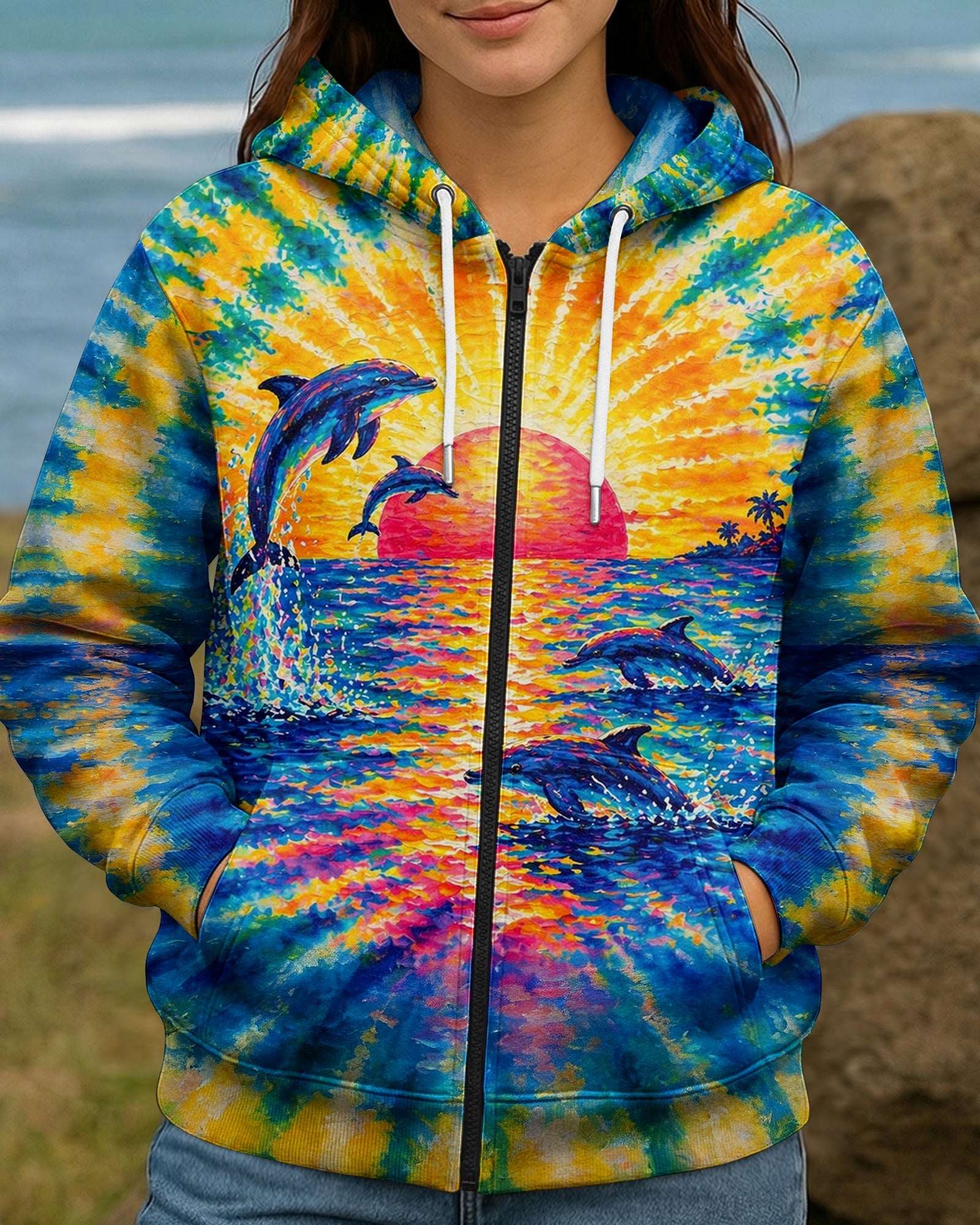 DOLPHINS JUMPING  SUNSET WATERCOLOR PATTERN ALL OVER PRINT - TLTW0505262