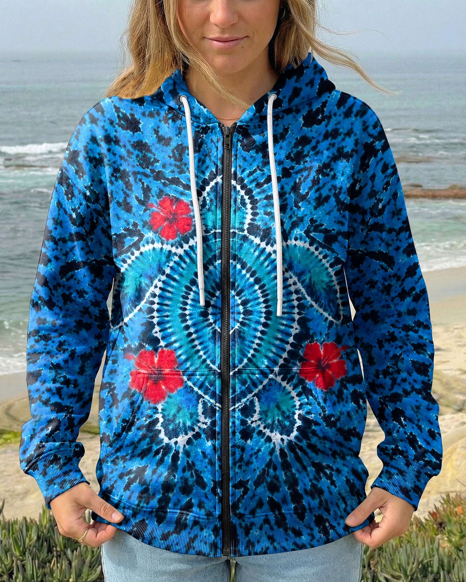 HIBISCUS FLOWERS AND SEA TURTLE BURST ALL OVER PRINT  - TLNT1407263
