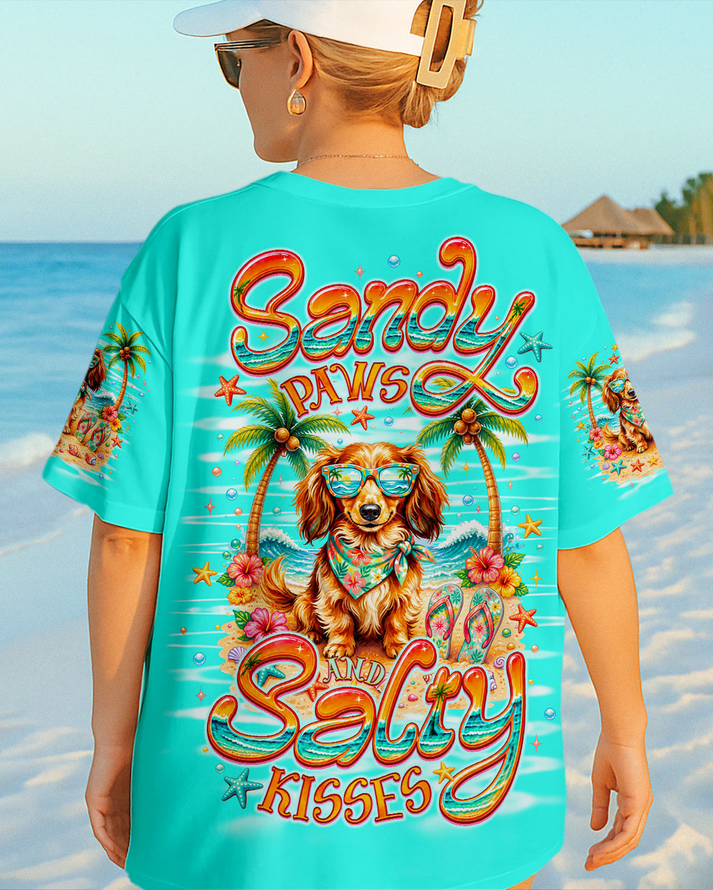 SANDY PAWS AND SALTY KISSES LONG-HAIRED DACHSHUND DOG ALL OVER PRINT  - TLNO0206261