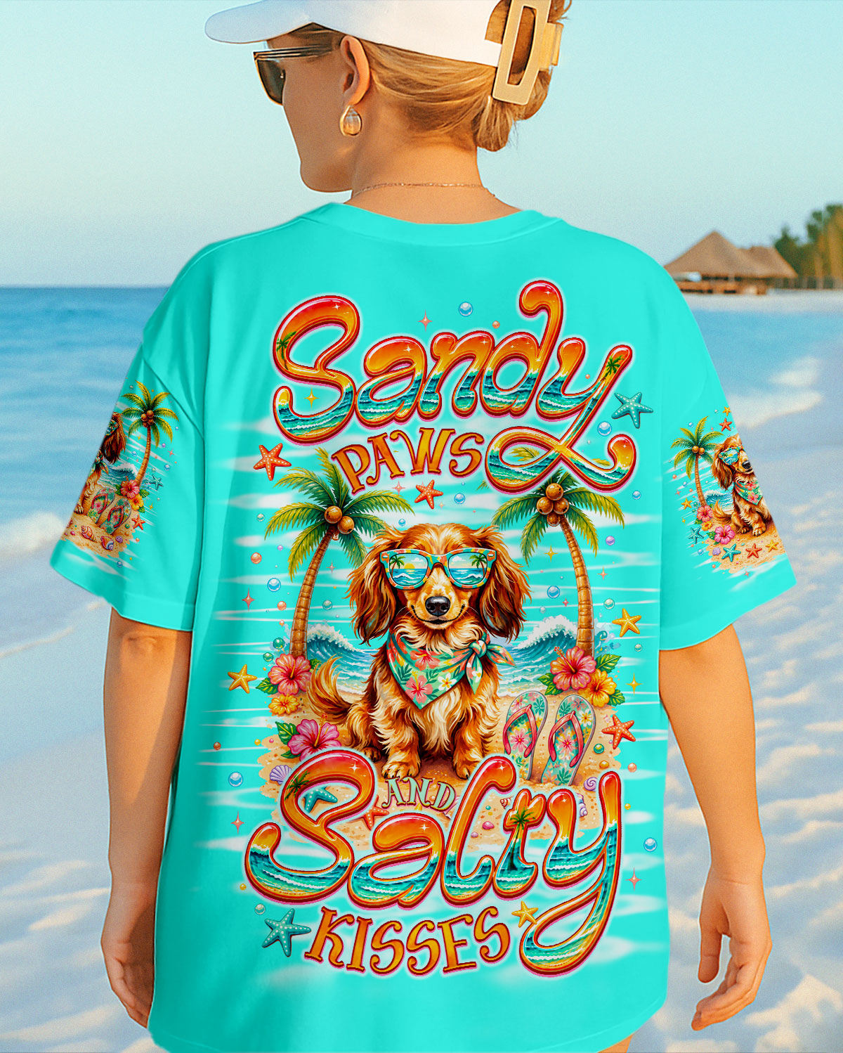 SANDY PAWS AND SALTY KISSES LONG-HAIRED DACHSHUND DOG ALL OVER PRINT  - TLNO0206261