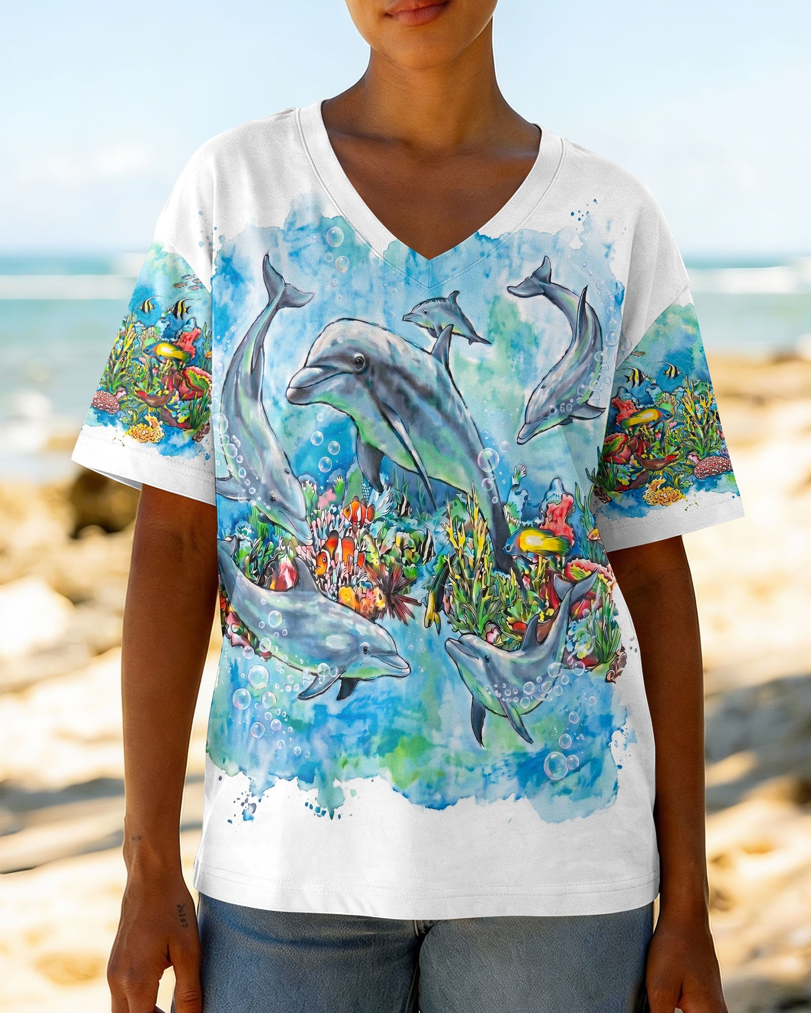 BLUE WATERCOLOR OCEAN DOLPHIN ALL OVER PRINT  - RITD0906263