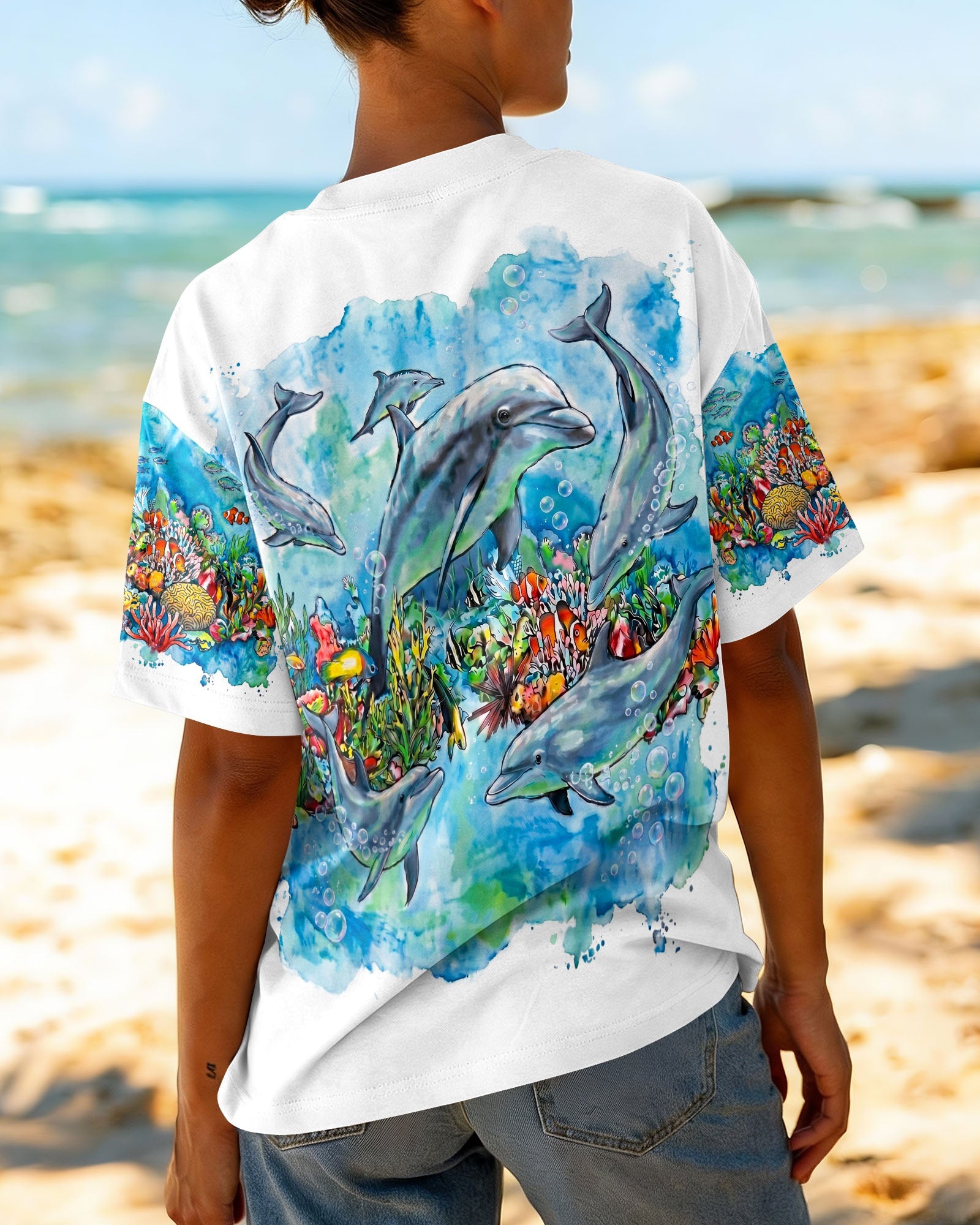 BLUE WATERCOLOR OCEAN DOLPHIN ALL OVER PRINT  - RITD0906263