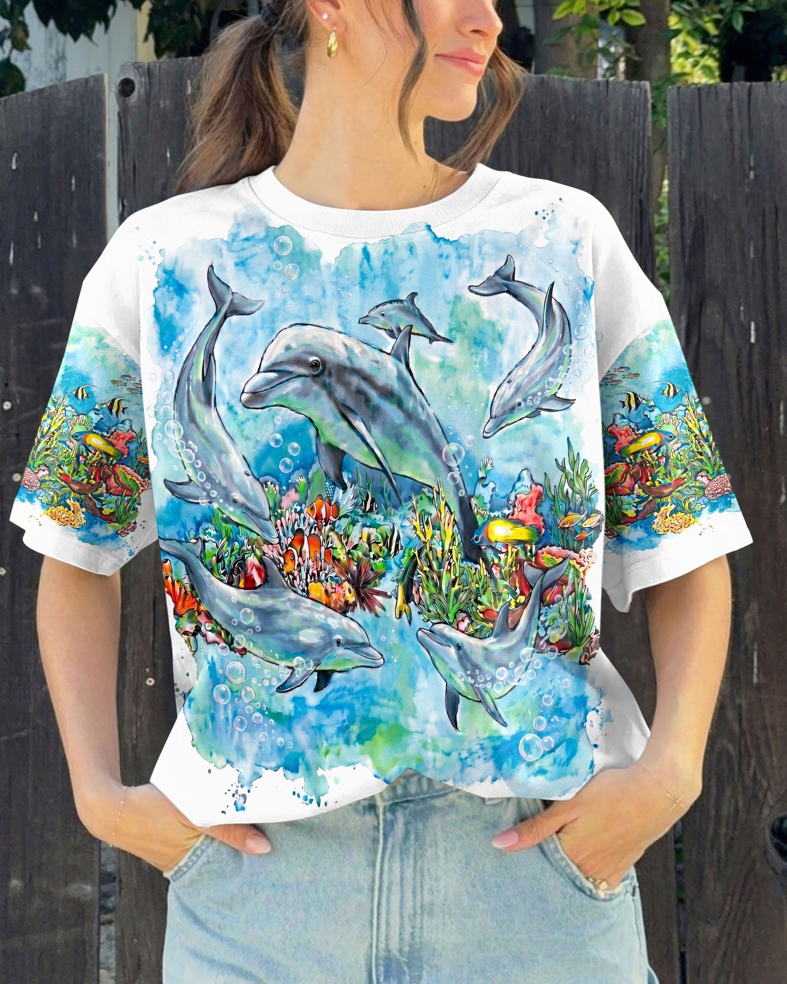 BLUE WATERCOLOR OCEAN DOLPHIN ALL OVER PRINT  - RITD0906263